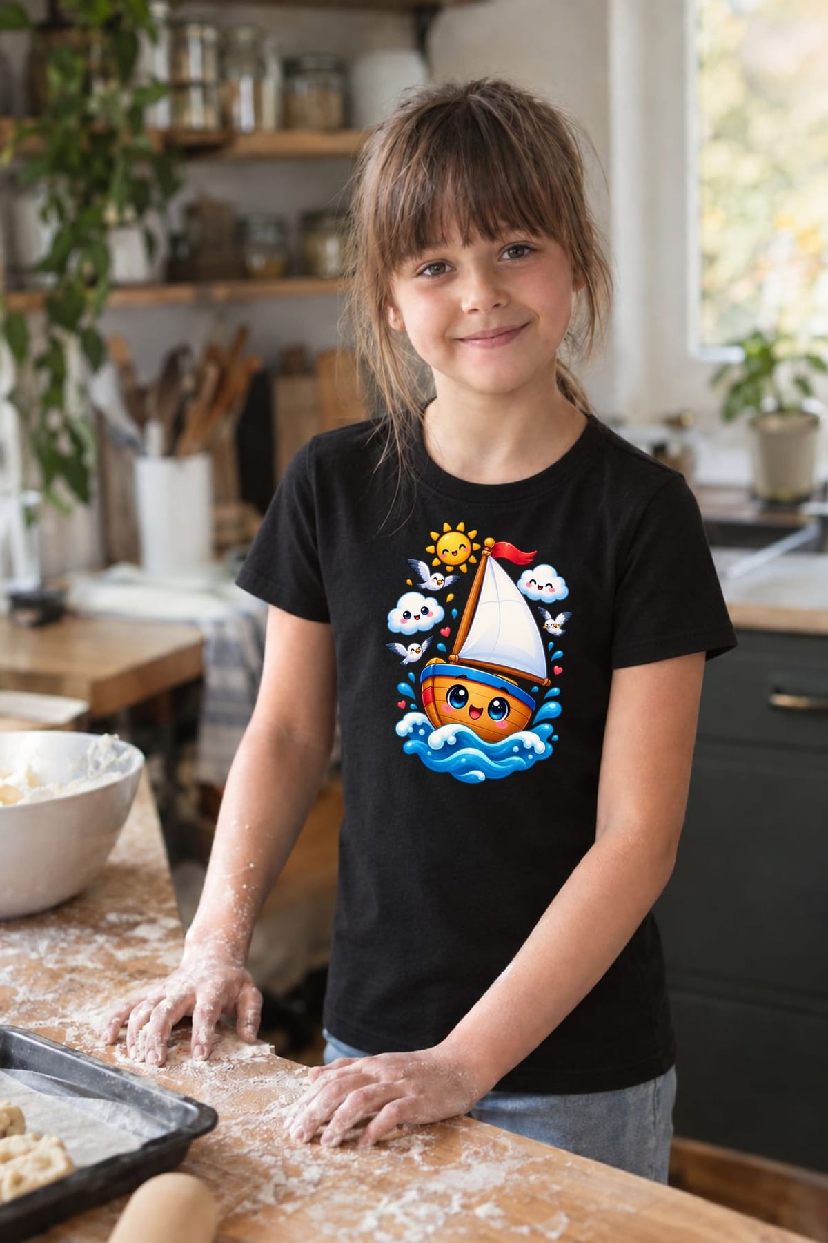 Koszulka z żaglówką dla dziewczynki czarna słodki kawaii, zdjęcie 3