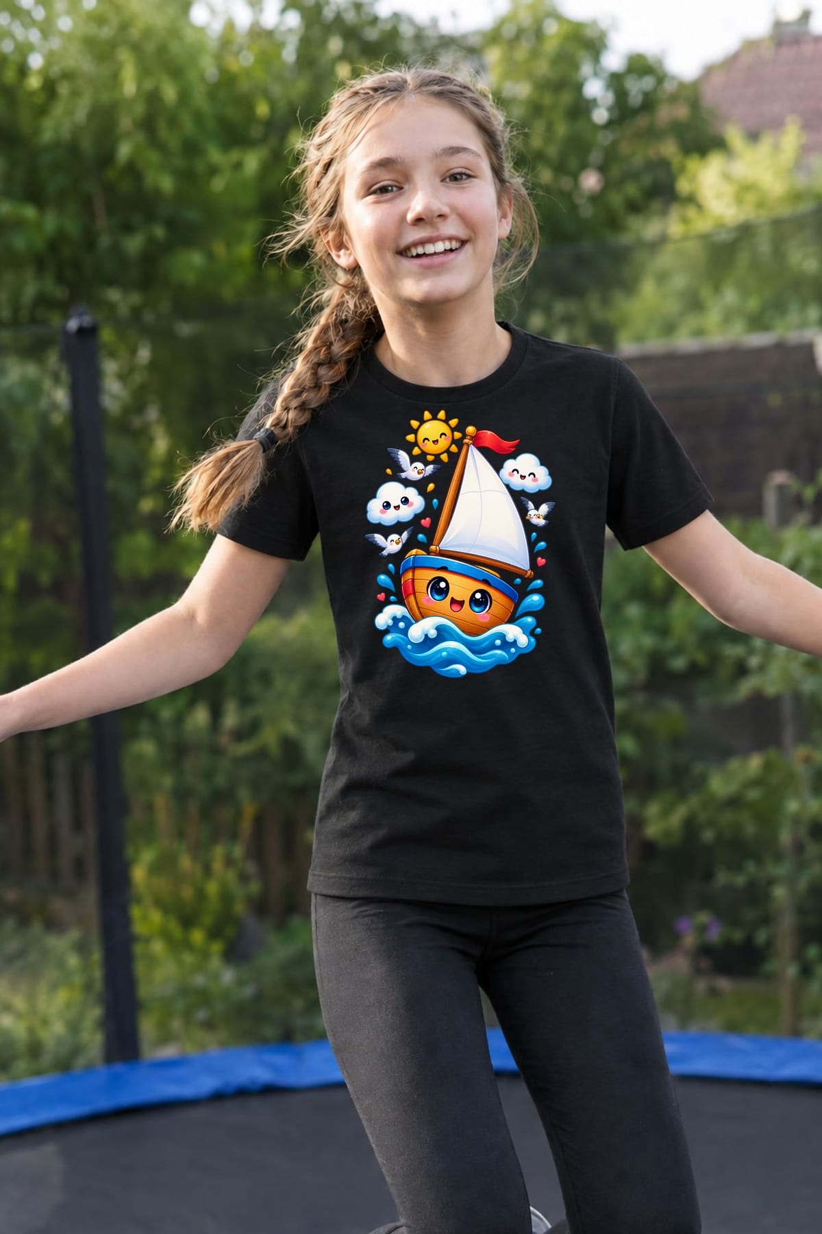 Koszulka z żaglówką dla dziewczynki czarna słodki kawaii, zdjęcie 4