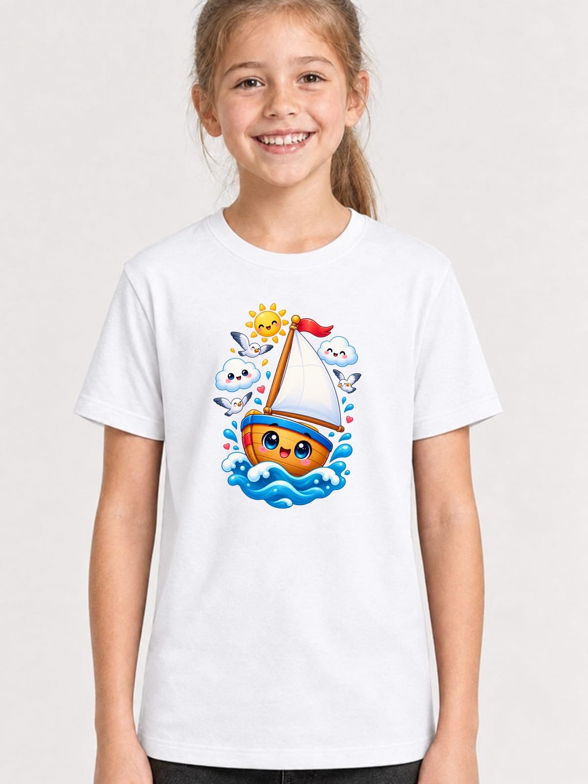 Koszulka z żaglówką dla dziewczynki biała słodki kawaii, zdjęcie 1