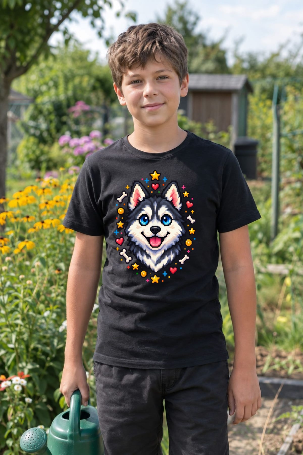 Koszulka z huskym pixel art dla chłopca czarna dla dzieci, zdjęcie 6
