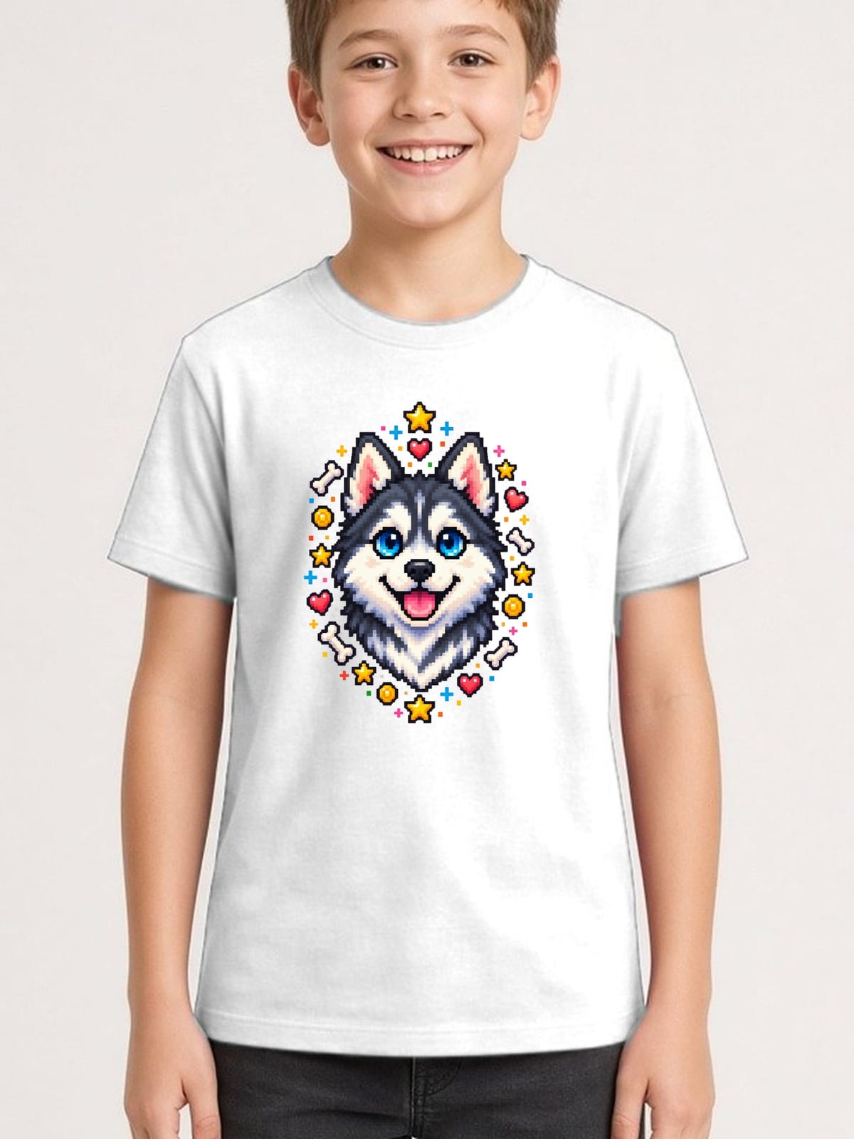 Koszulka z huskym pixel art dla chłopca biała dla dzieci, zdjęcie 1