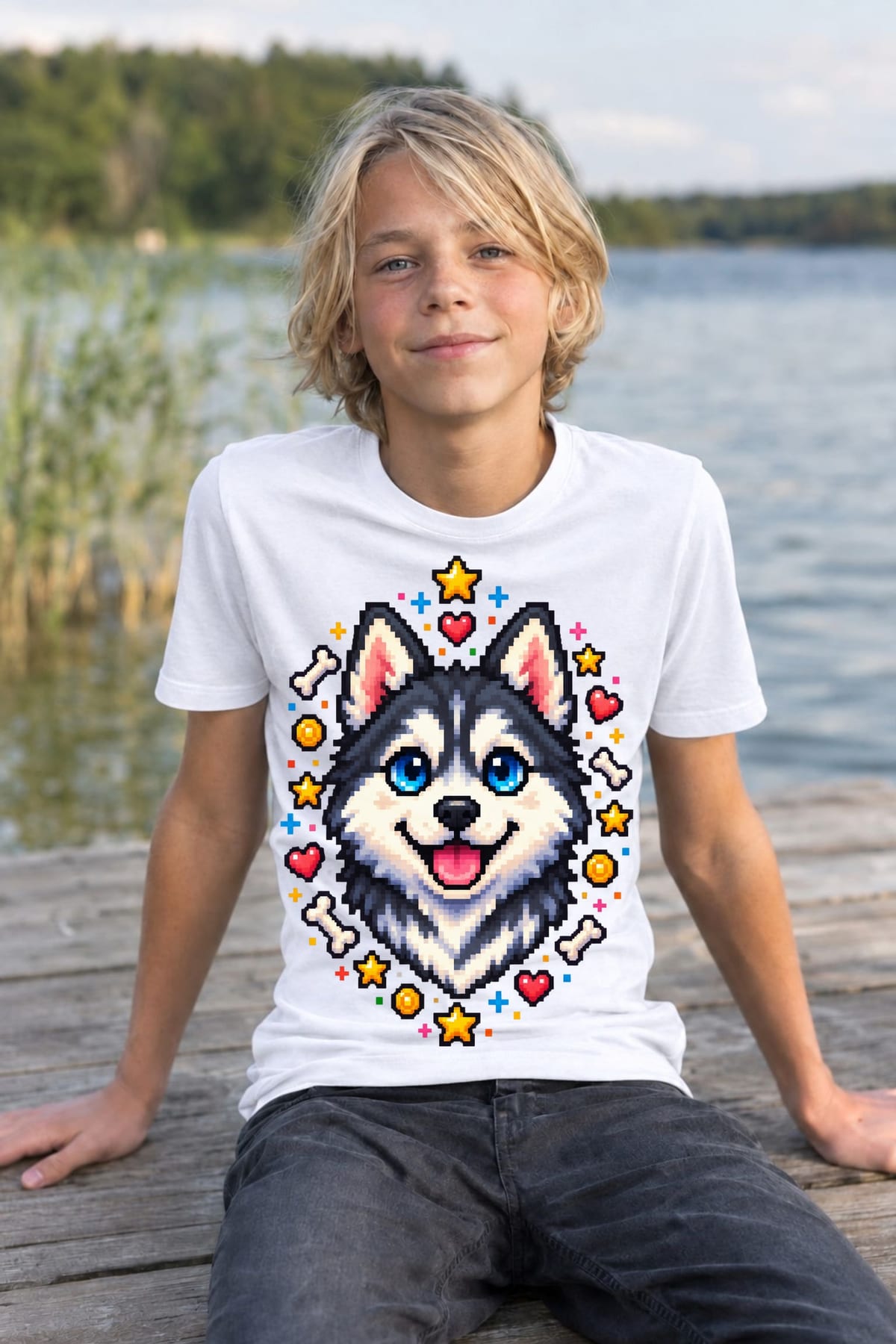 Koszulka z huskym pixel art dla chłopca biała dla dzieci, zdjęcie 3
