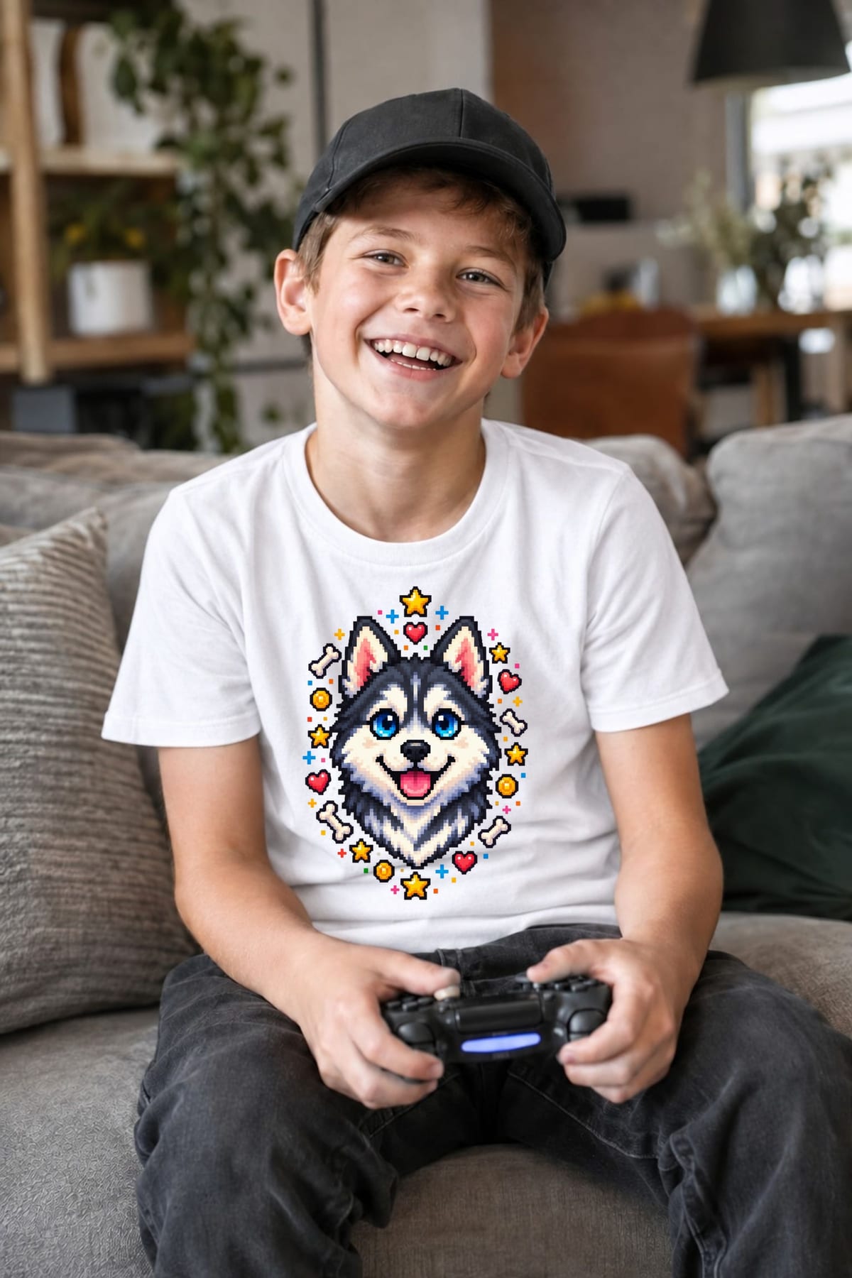 Koszulka z huskym pixel art dla chłopca biała dla dzieci, zdjęcie 6