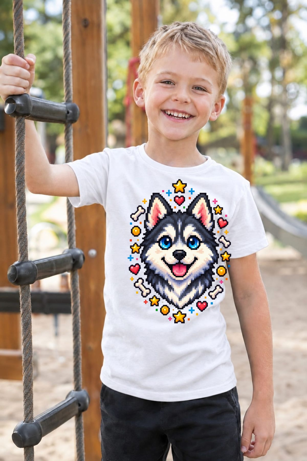 Koszulka z huskym pixel art dla chłopca biała dla dzieci, zdjęcie 7