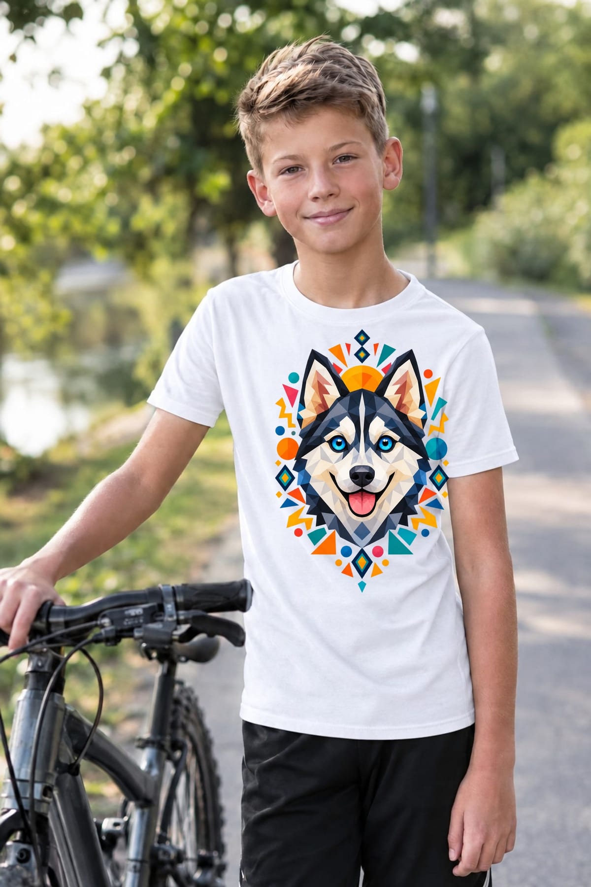 Koszulka z huskym dla chłopca biała geometryczny styl, zdjęcie 5