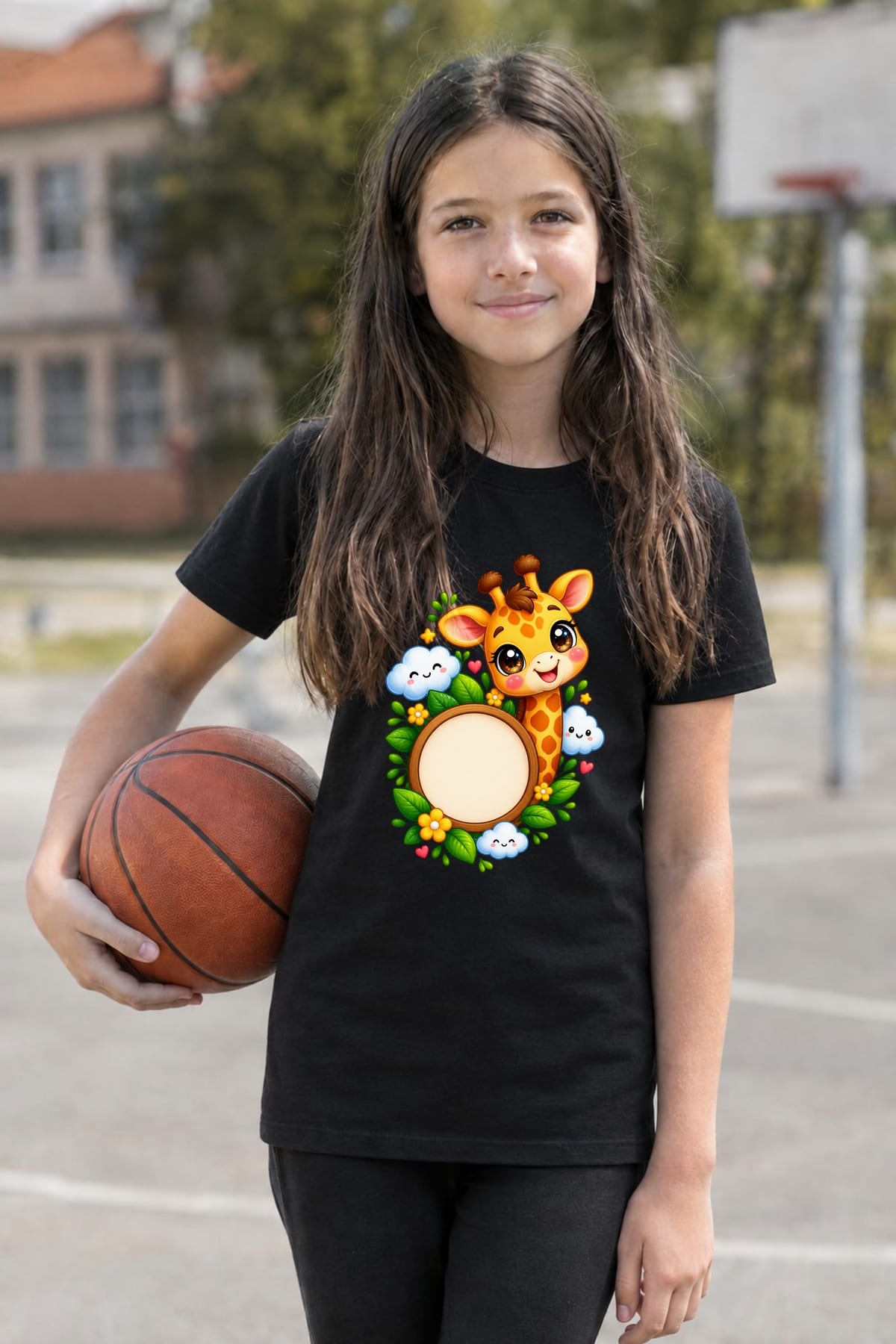 Koszulka z żyrafą dla dziewczynki czarna słodki kawaii, zdjęcie 3