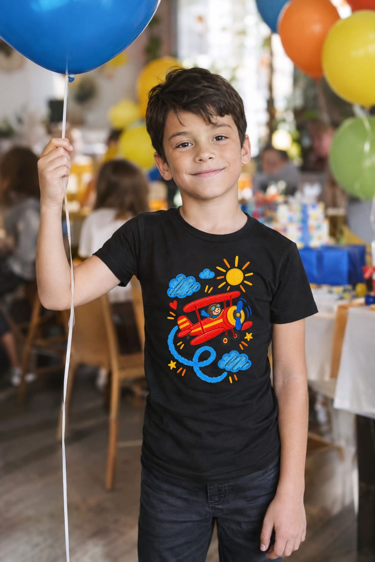 Koszulka z samolotem dla chłopca czarna rysunek kredkami, zdjęcie 4