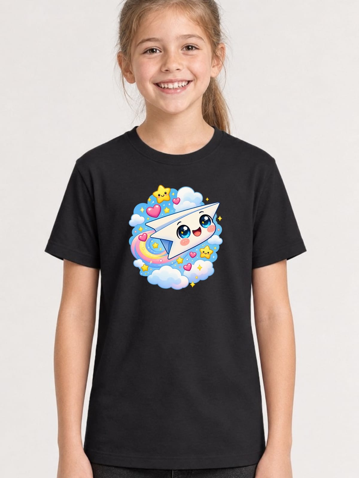 Koszulka z papierowym samolotem dla dziewczynki czarna słodki kawaii, zdjęcie 1