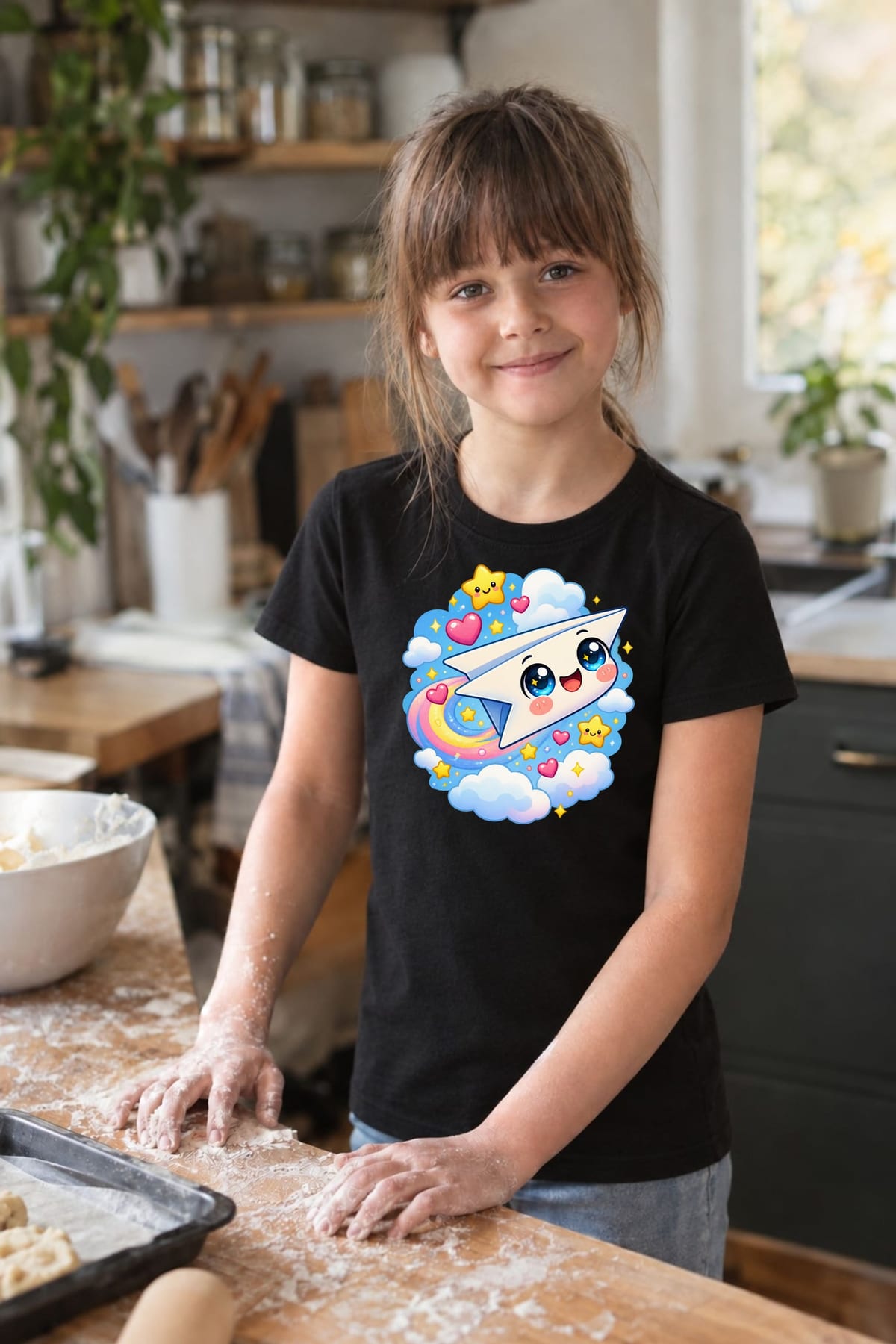 Koszulka z papierowym samolotem dla dziewczynki czarna słodki kawaii, zdjęcie 5