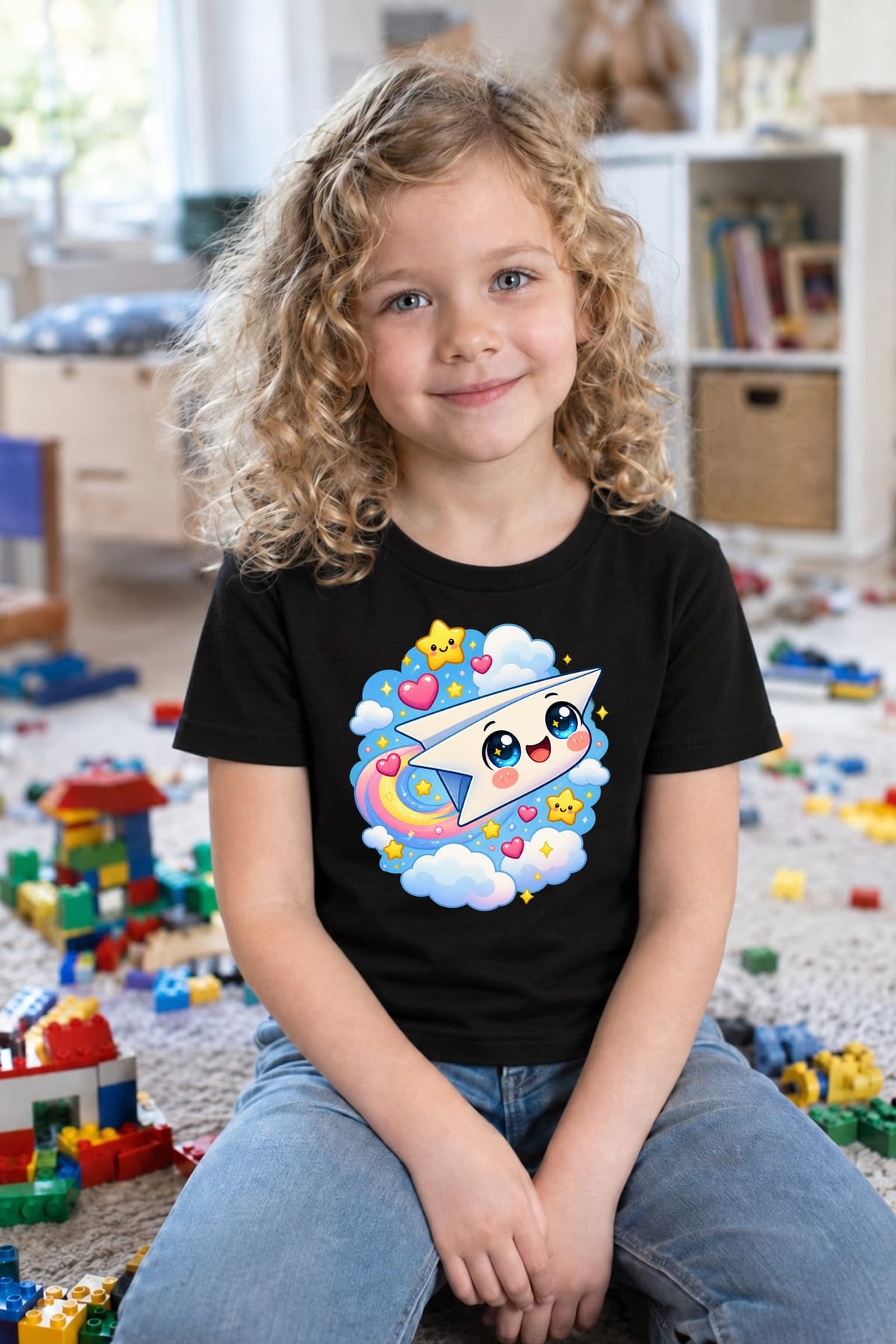 Koszulka z papierowym samolotem dla dziewczynki czarna słodki kawaii, zdjęcie 6