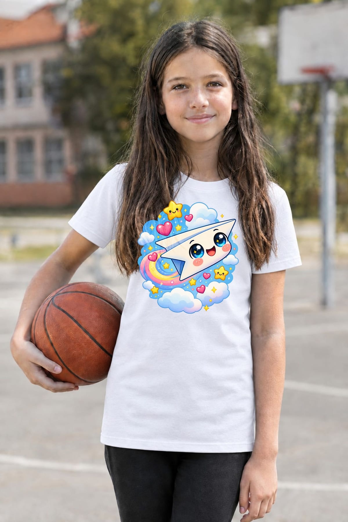 Koszulka z papierowym samolotem dla dziewczynki biała słodki kawaii, zdjęcie 3