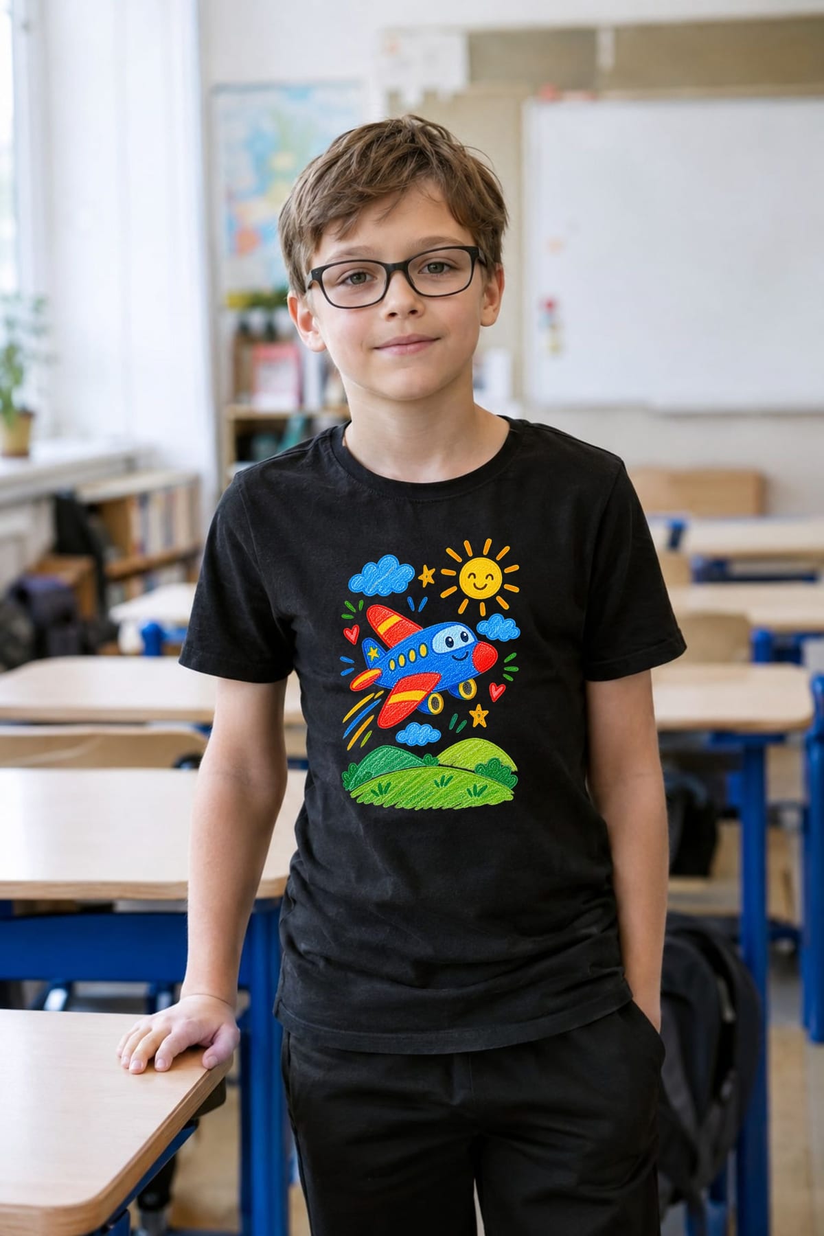 Koszulka z odrzutowcem rysowana kredkami dla chłopca czarna, zdjęcie 8