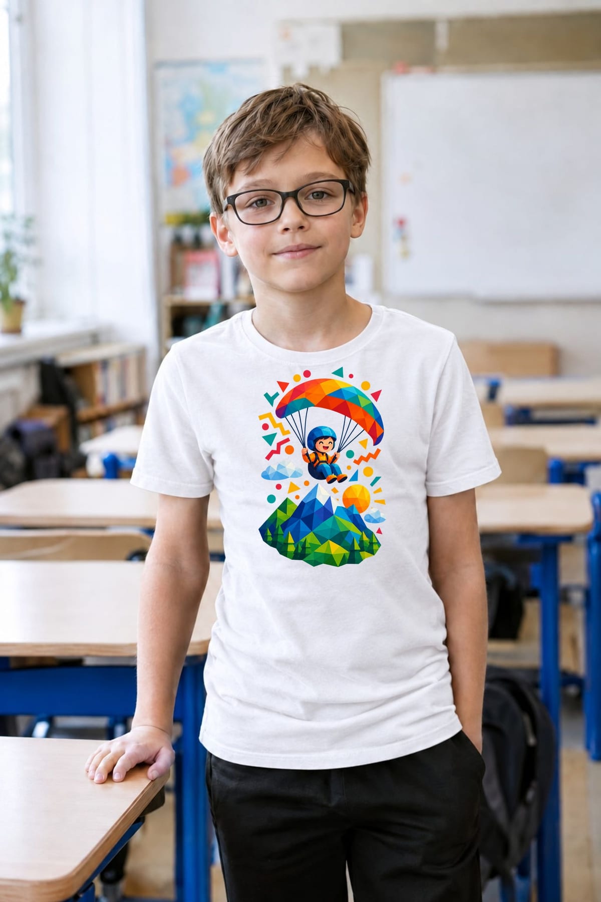 Koszulka z paralotnią geometryczną dla chłopca biała, zdjęcie 7