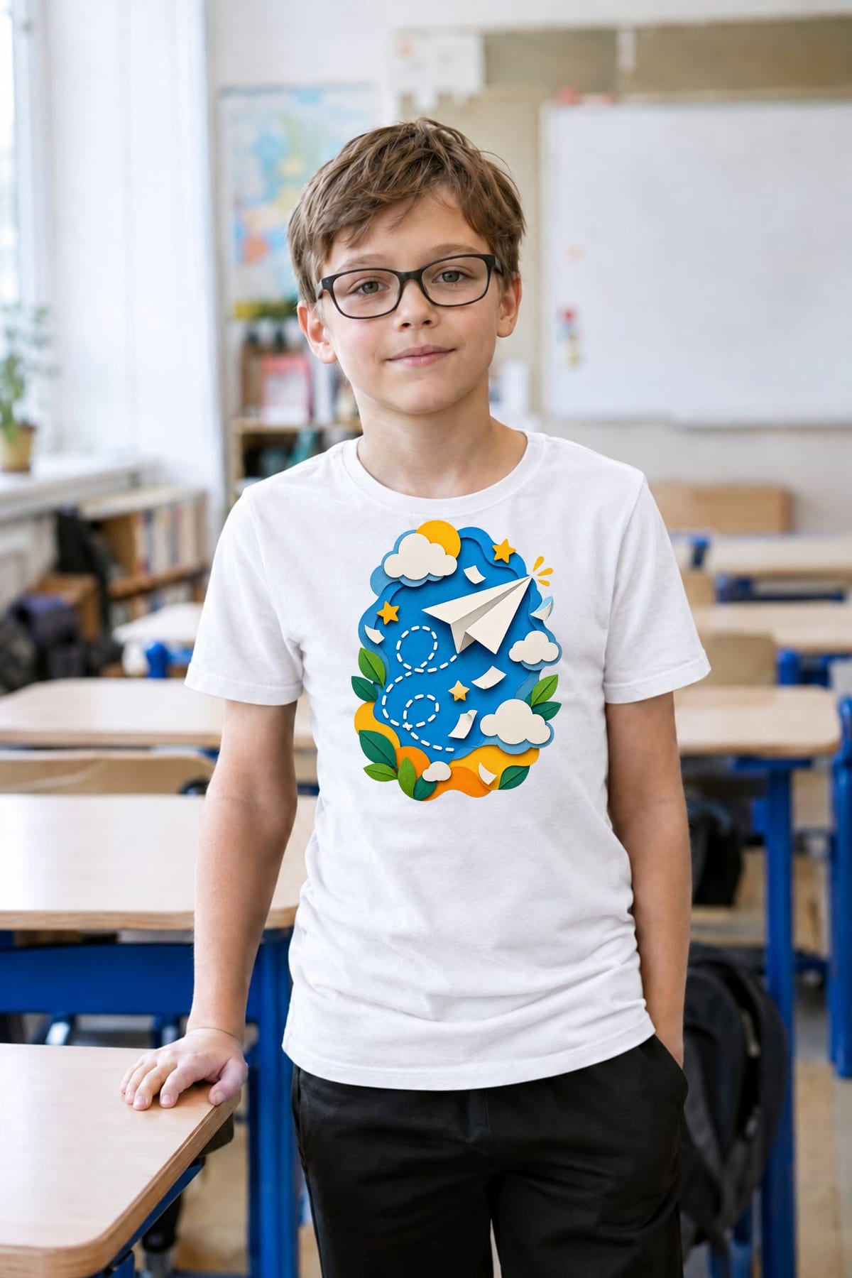 Koszulka z papierowym samolotem dla chłopca biała papierowa wycinanka 3D, zdjęcie 8
