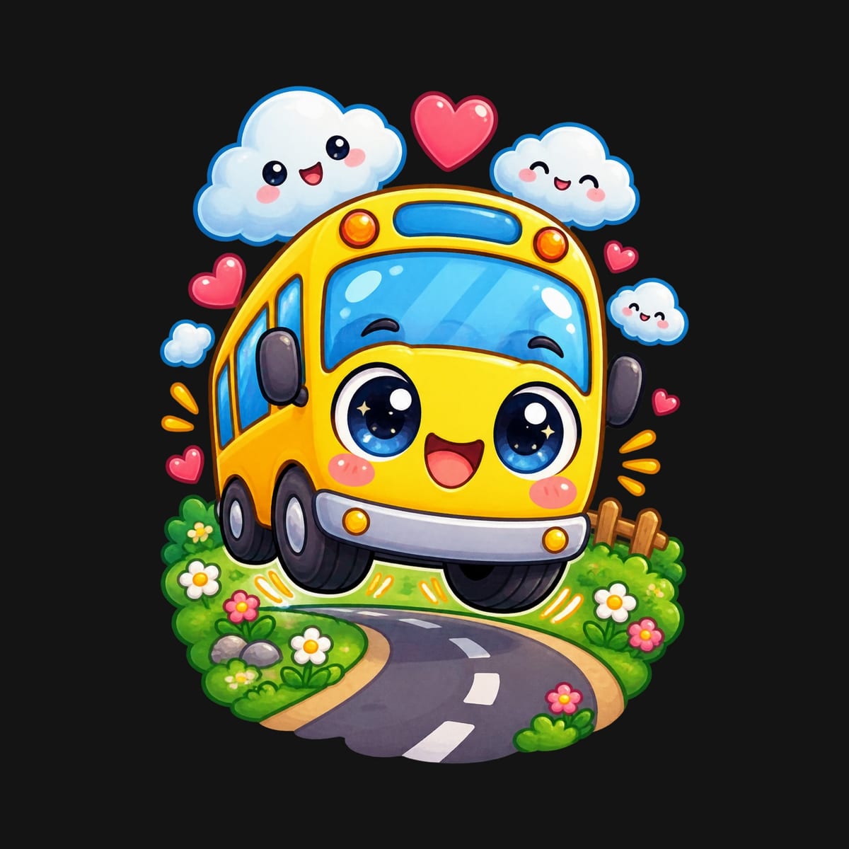 Koszulka z autobusem dla dziewczynki czarna słodki kawaii, zdjęcie 2