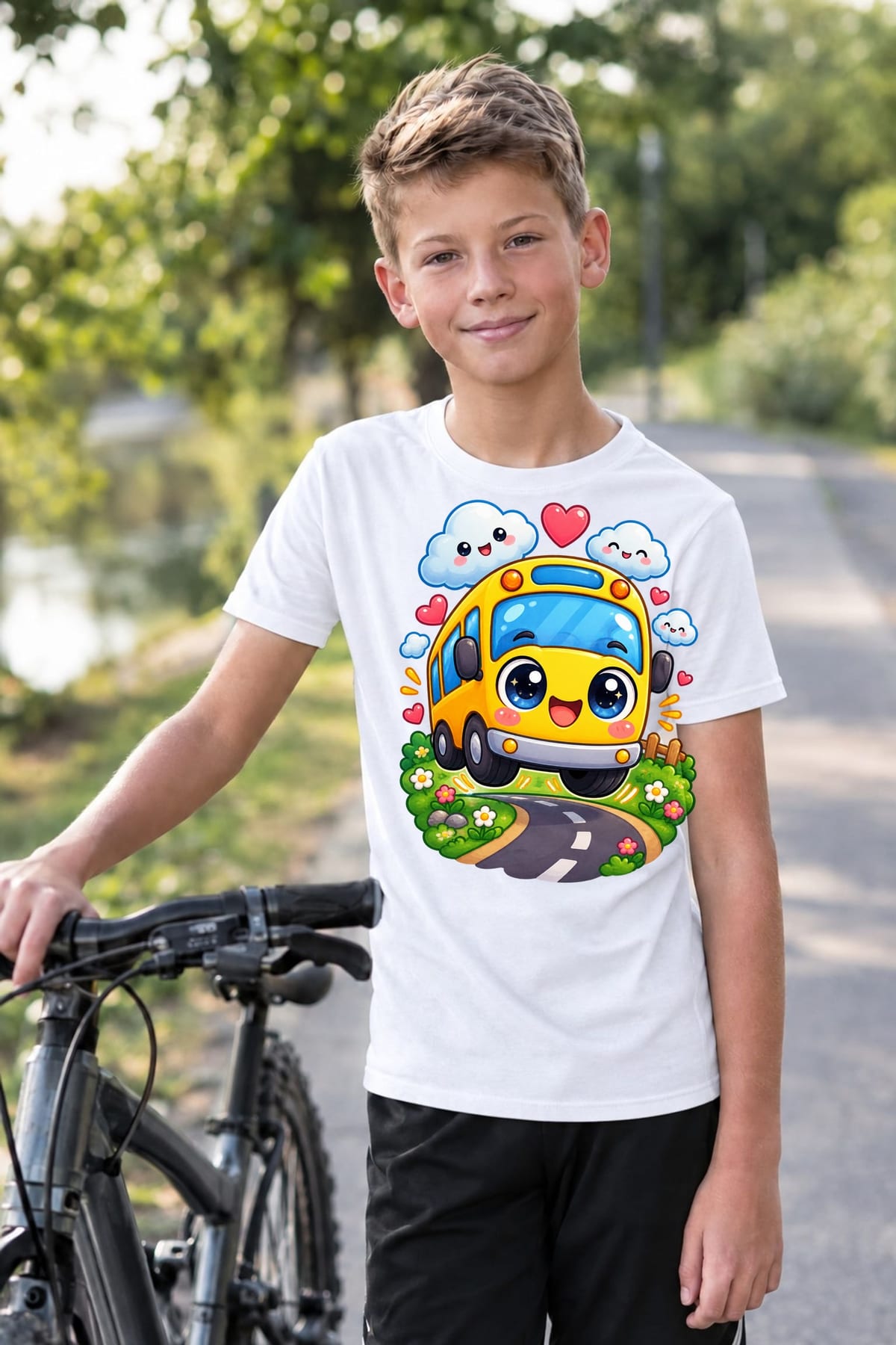 Koszulka z autobusem dla chłopca biała słodki kawaii, zdjęcie 5