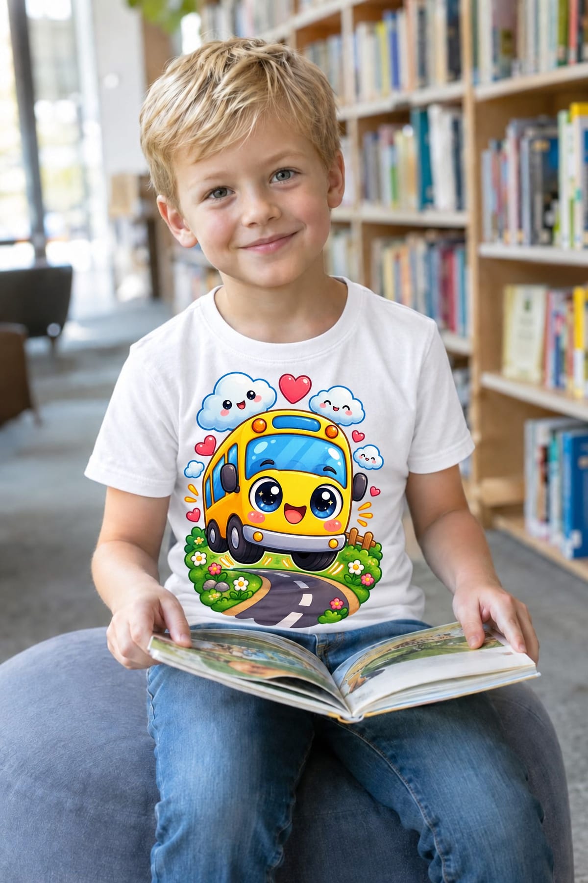 Koszulka z autobusem dla chłopca biała słodki kawaii, zdjęcie 8