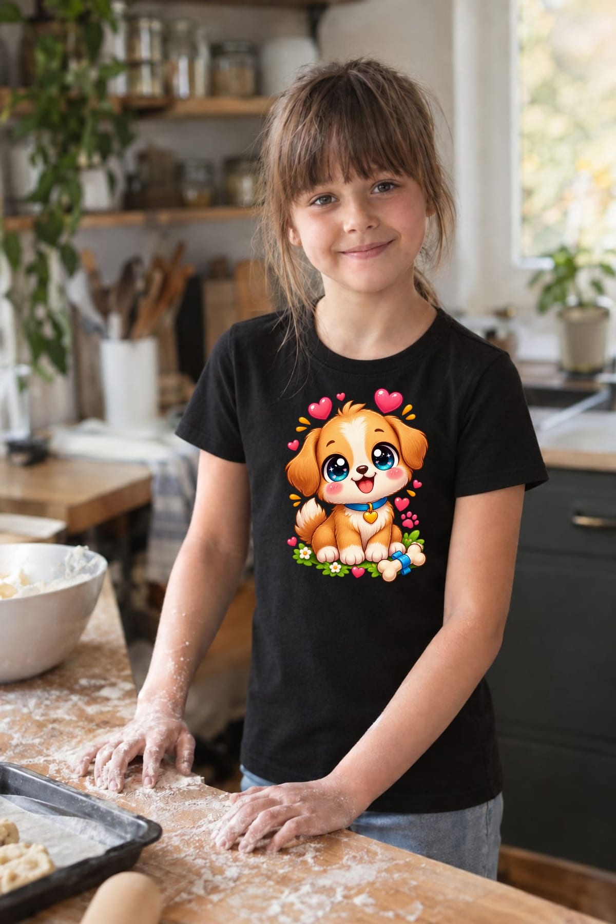 Koszulka ze szczeniaczkiem dla dziewczynki czarna słodki kawaii, zdjęcie 5