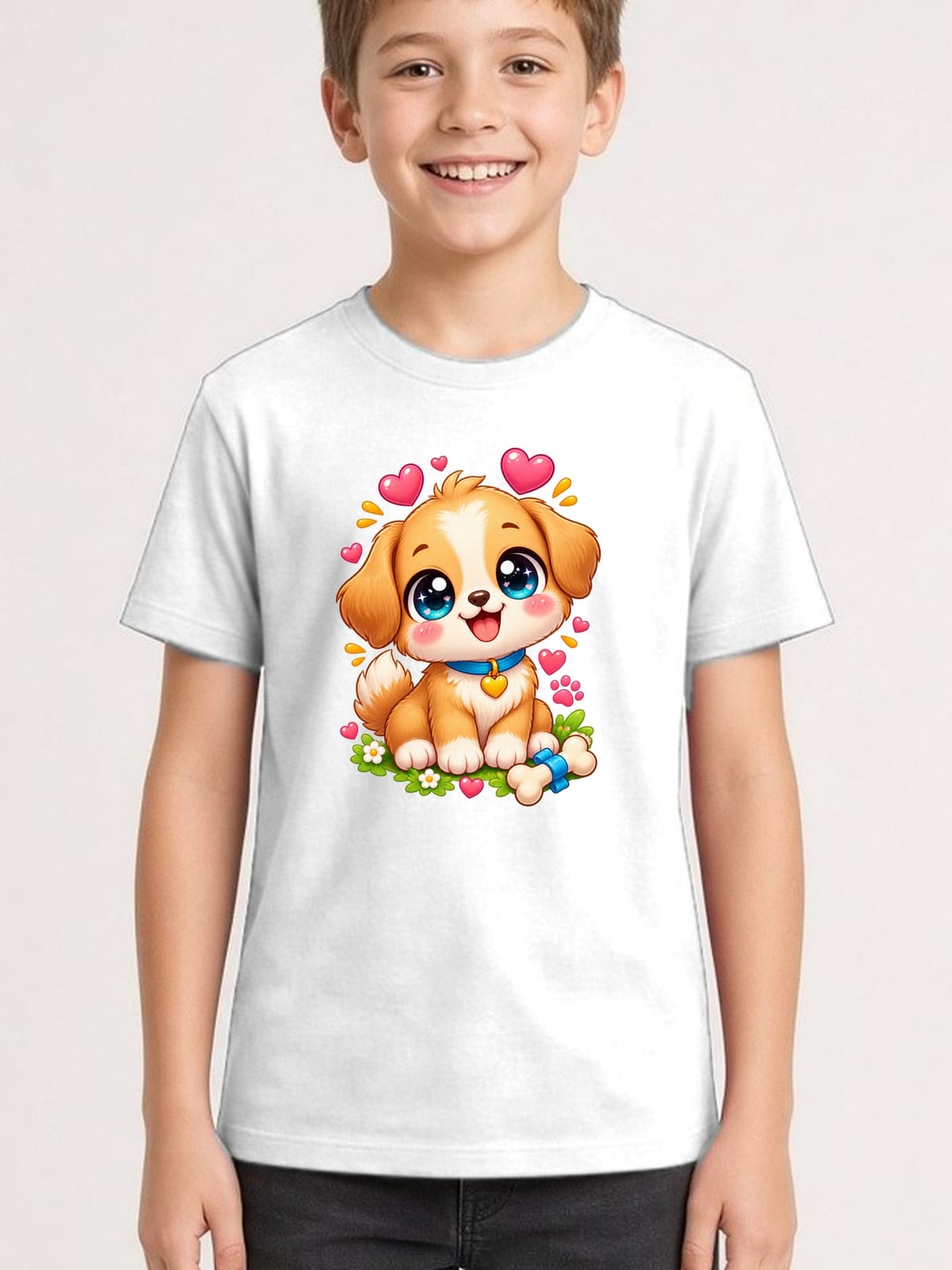 Koszulka ze szczeniaczkiem dla chłopca biała słodki kawaii, zdjęcie 1