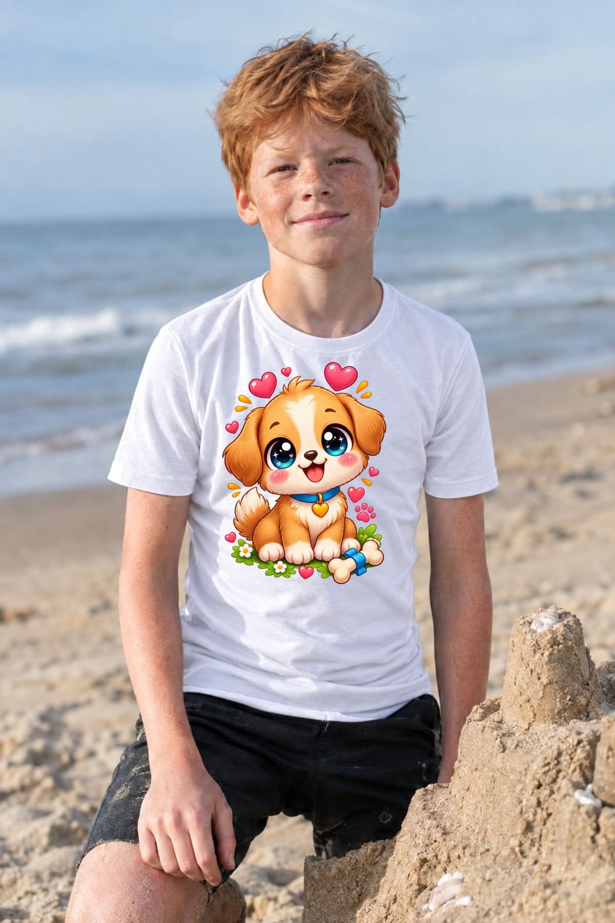 Koszulka ze szczeniaczkiem dla chłopca biała słodki kawaii, zdjęcie 3