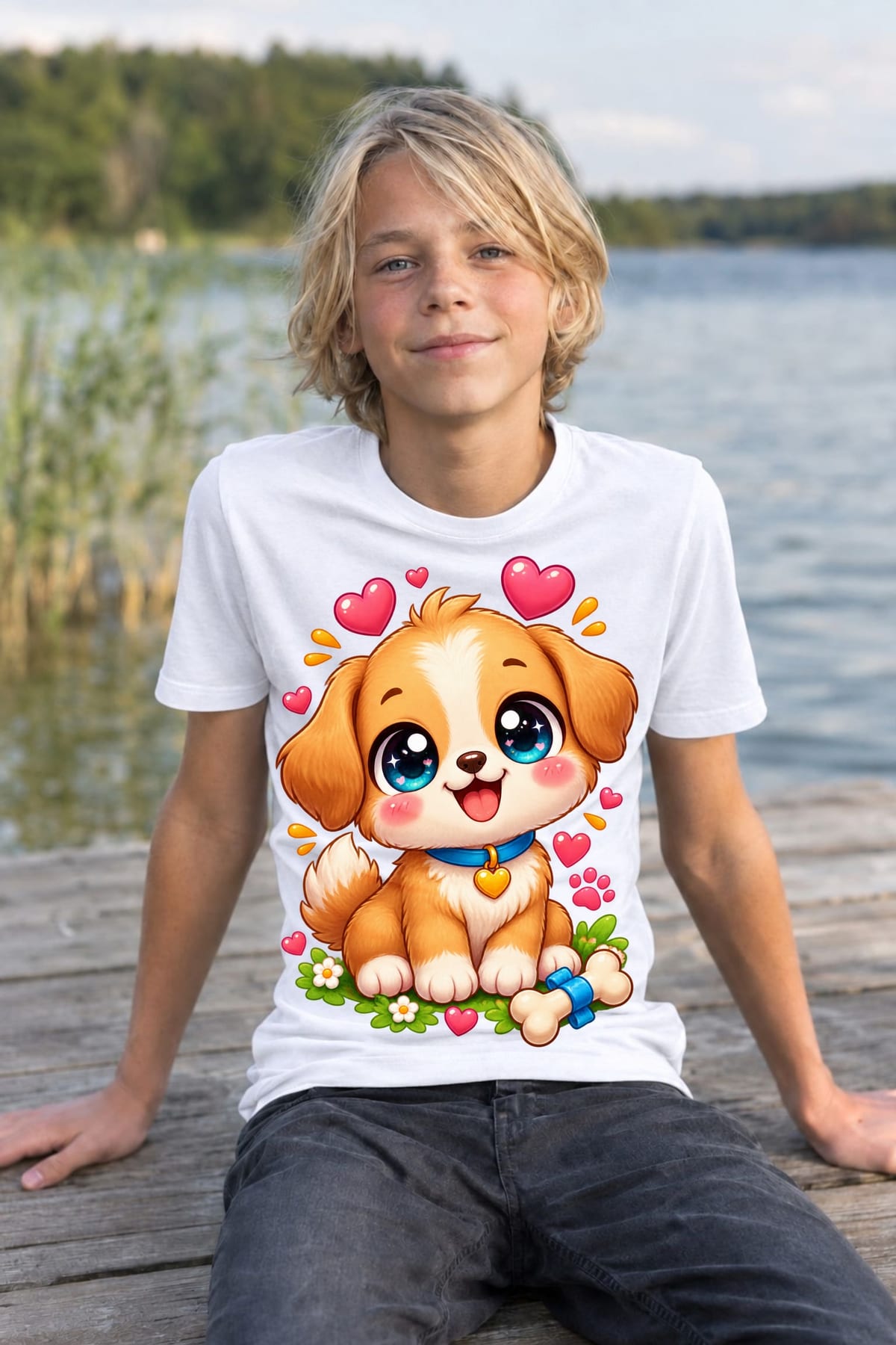 Koszulka ze szczeniaczkiem dla chłopca biała słodki kawaii, zdjęcie 5