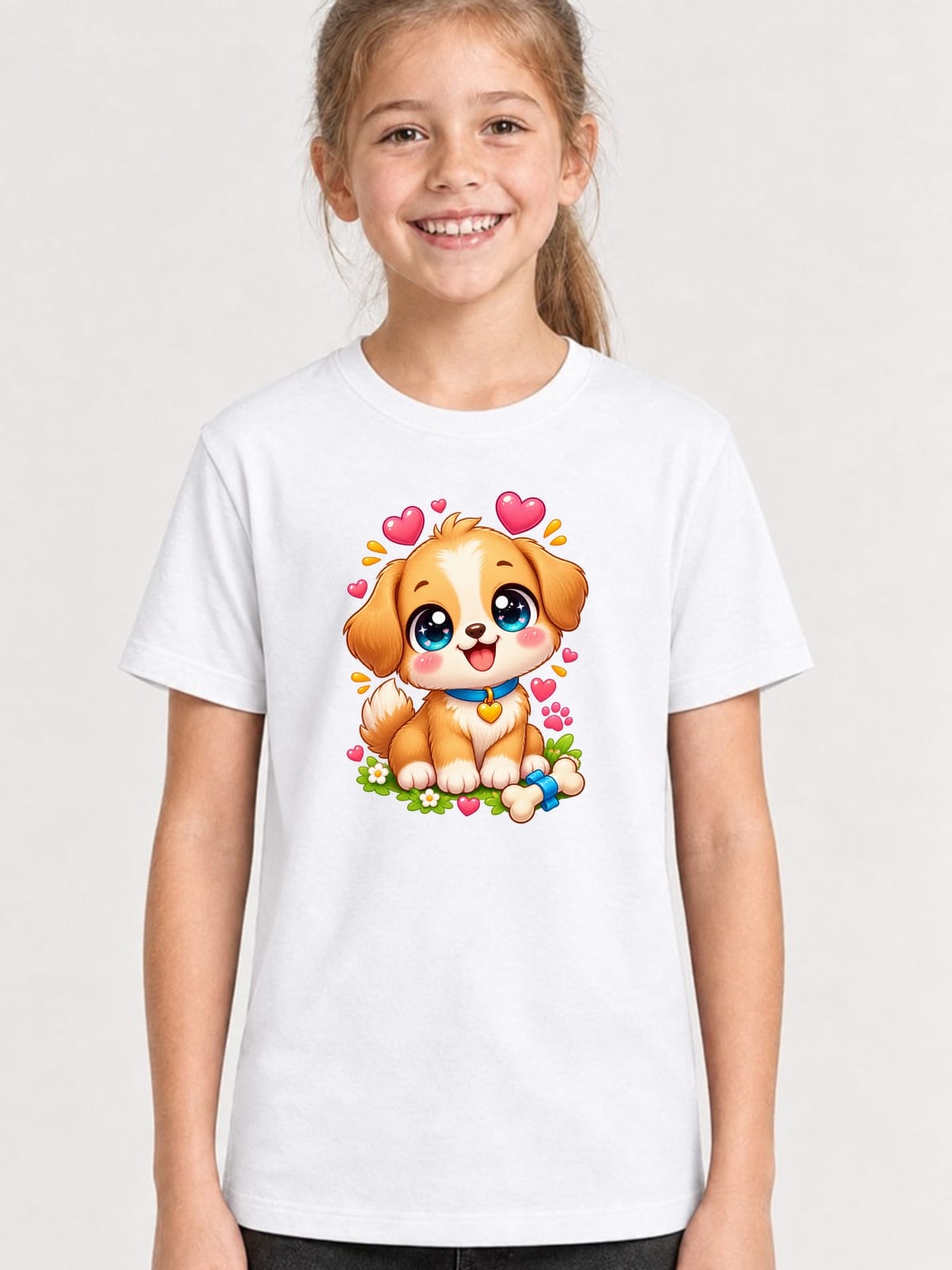 Koszulka ze szczeniaczkiem dla dziewczynki biała słodki kawaii, zdjęcie 1