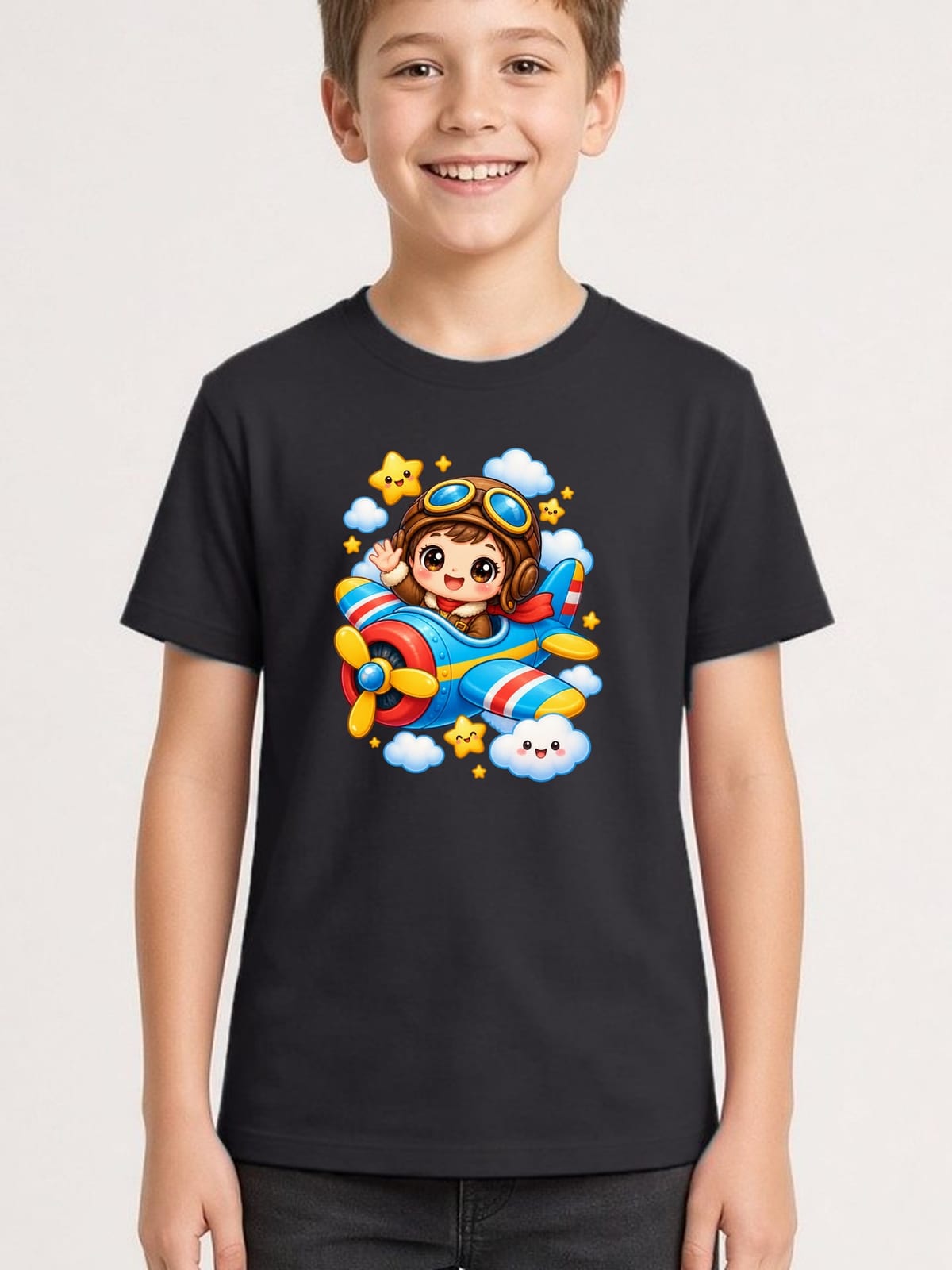 Koszulka z pilotem dla chłopca czarna słodki kawaii, zdjęcie 1