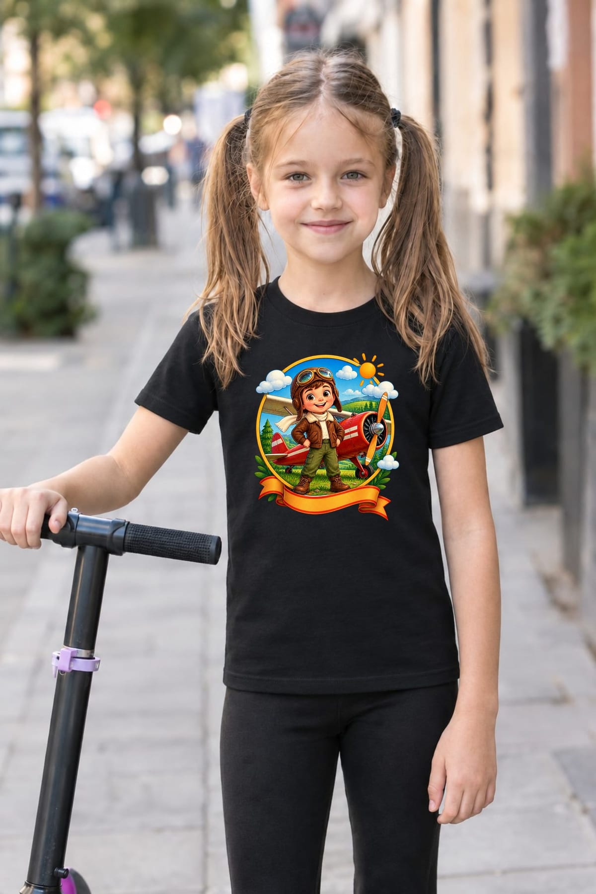 Koszulka z pilotem w odznace dla dziewczynki czarna okrągła scena, zdjęcie 6