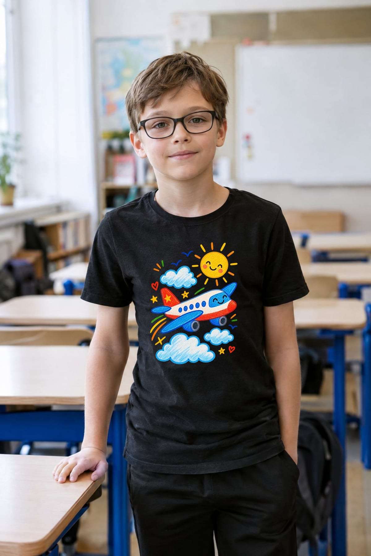 Koszulka z samolotem dla chłopca czarna rysunek kredkami, zdjęcie 3