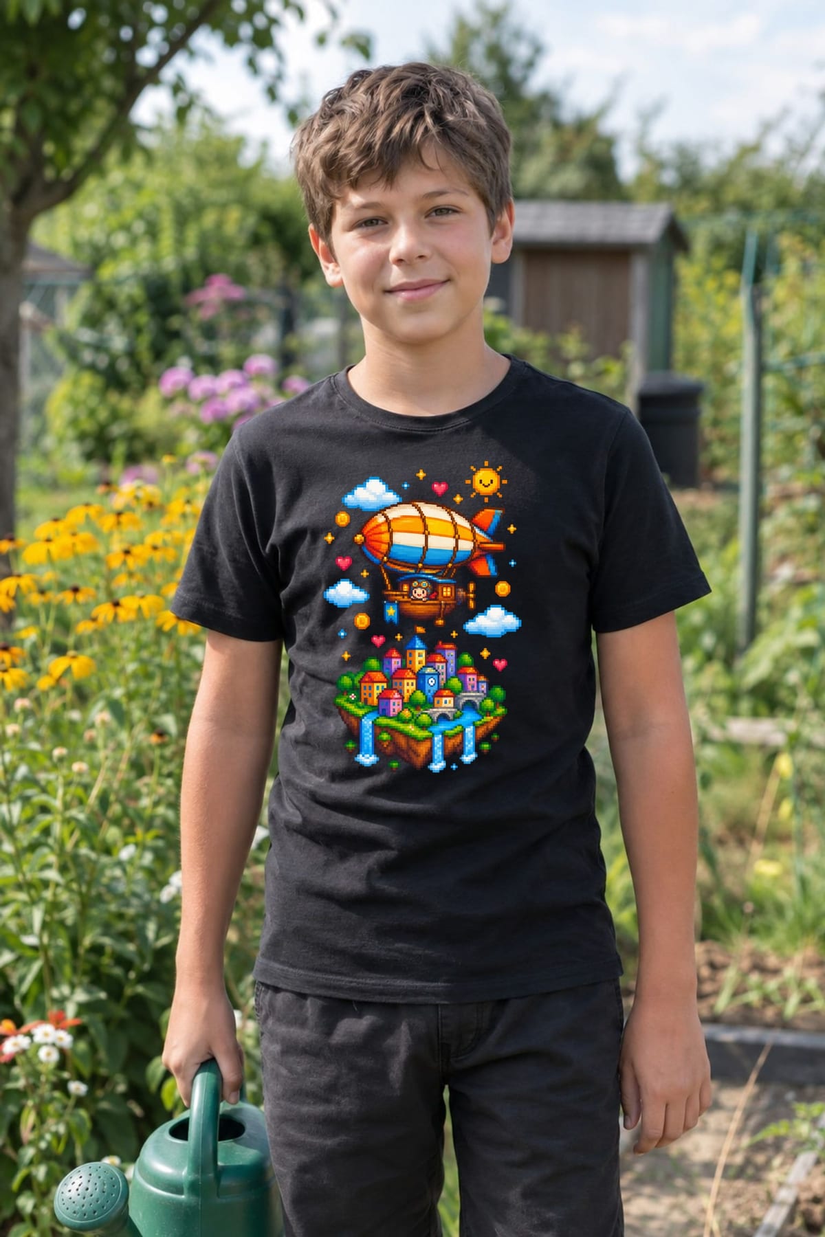 Koszulka ze sterowcem pixel art dla chłopca czarna, zdjęcie 7