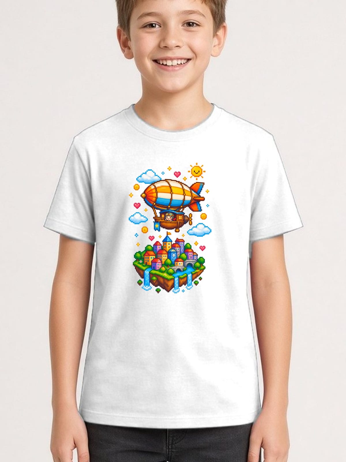 Koszulka ze sterowcem pixel art dla chłopca biała, zdjęcie 1