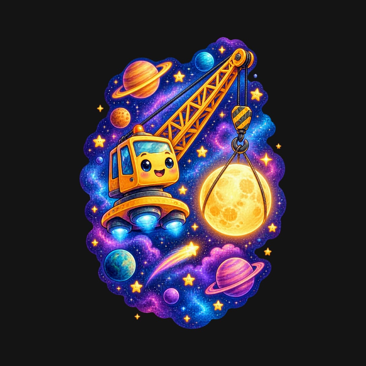 Koszulka z dźwigiem kosmicznym dla dziewczynki czarna z planetami, zdjęcie 2