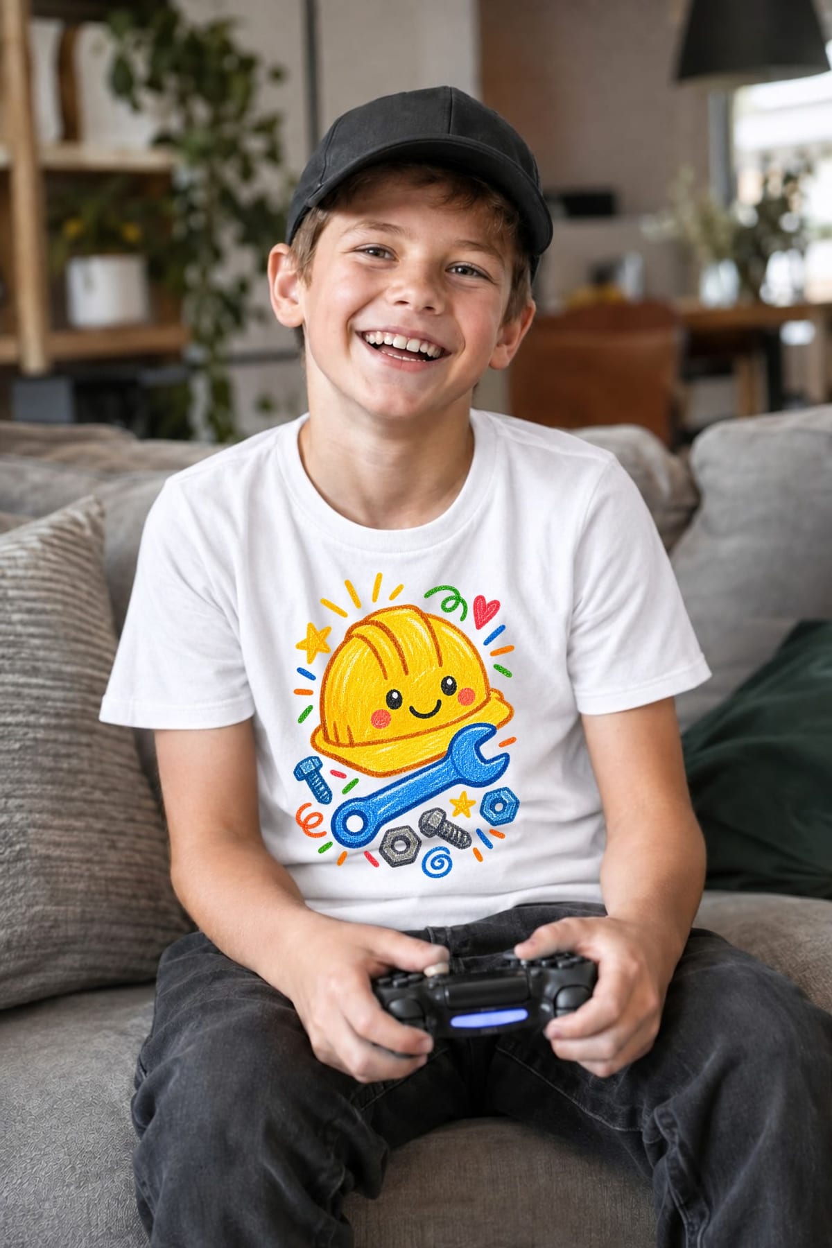 Koszulka z kaskiem budowlanym dla chłopca biała rysunek kredkami, zdjęcie 8