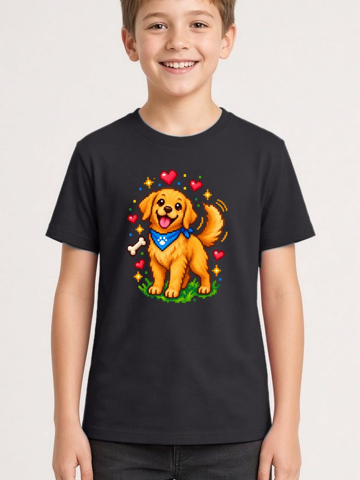 Koszulka dziecięca z golden retrieverem dla chłopca czarna pixel art, zdjęcie 1