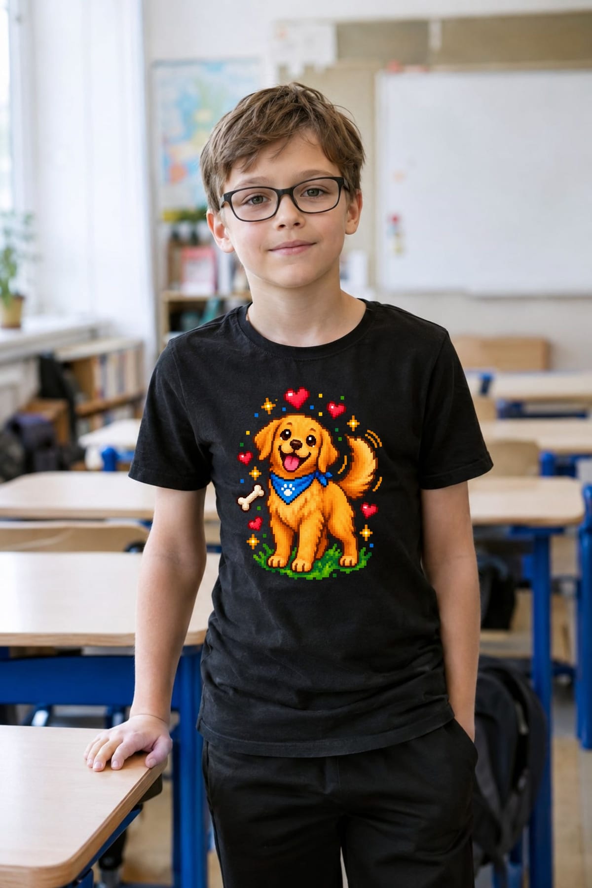 Koszulka dziecięca z golden retrieverem dla chłopca czarna pixel art, zdjęcie 3