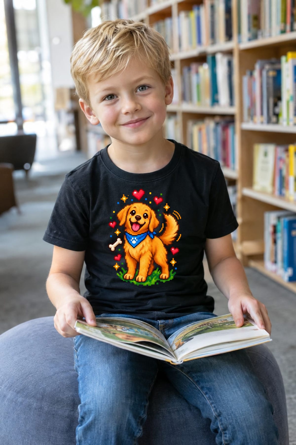 Koszulka dziecięca z golden retrieverem dla chłopca czarna pixel art, zdjęcie 8