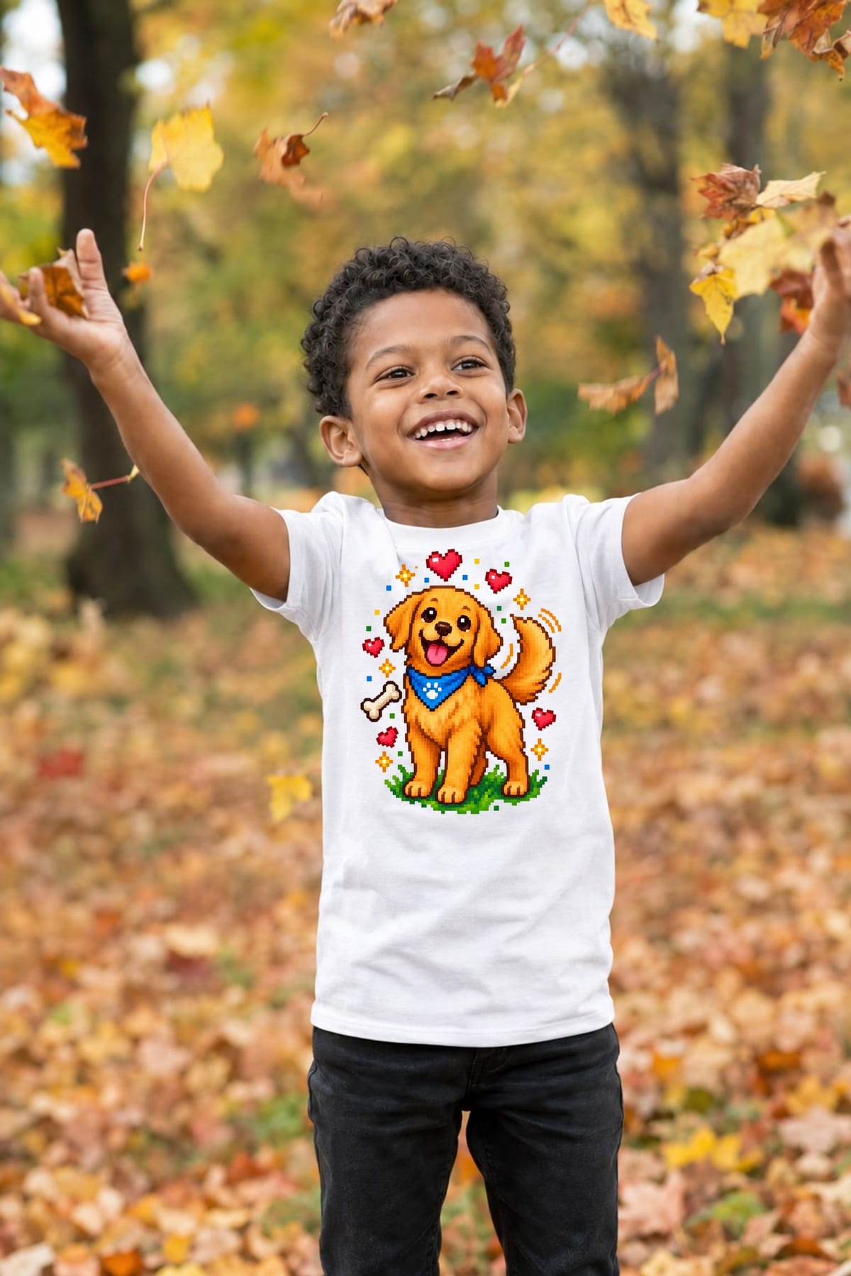 Koszulka dziecięca z golden retrieverem dla chłopca biała pixel art, zdjęcie 3