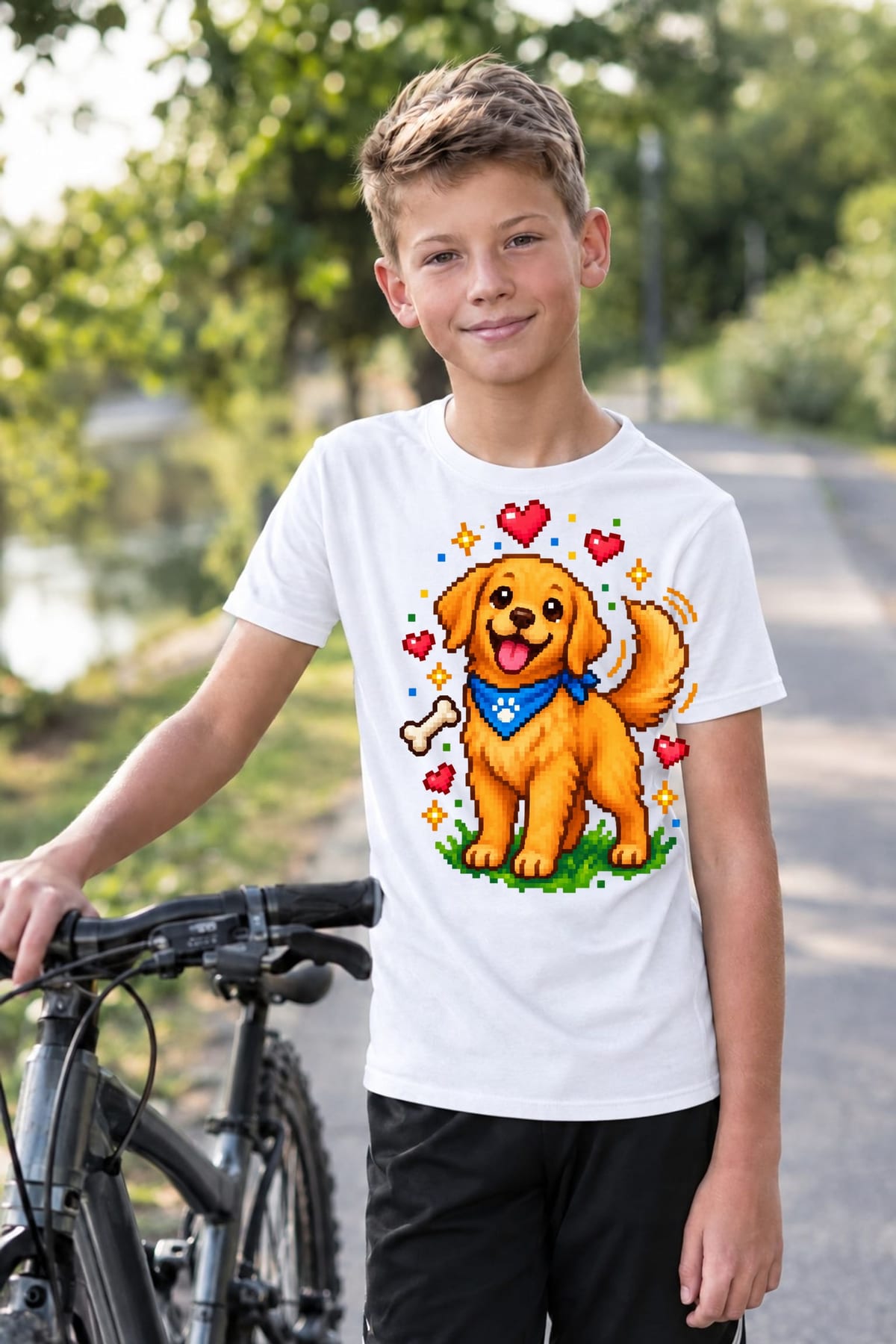 Koszulka dziecięca z golden retrieverem dla chłopca biała pixel art, zdjęcie 4