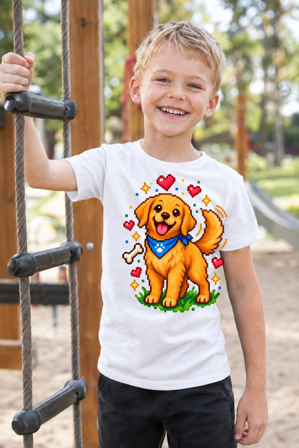 Koszulka dziecięca z golden retrieverem dla chłopca biała pixel art, zdjęcie 5