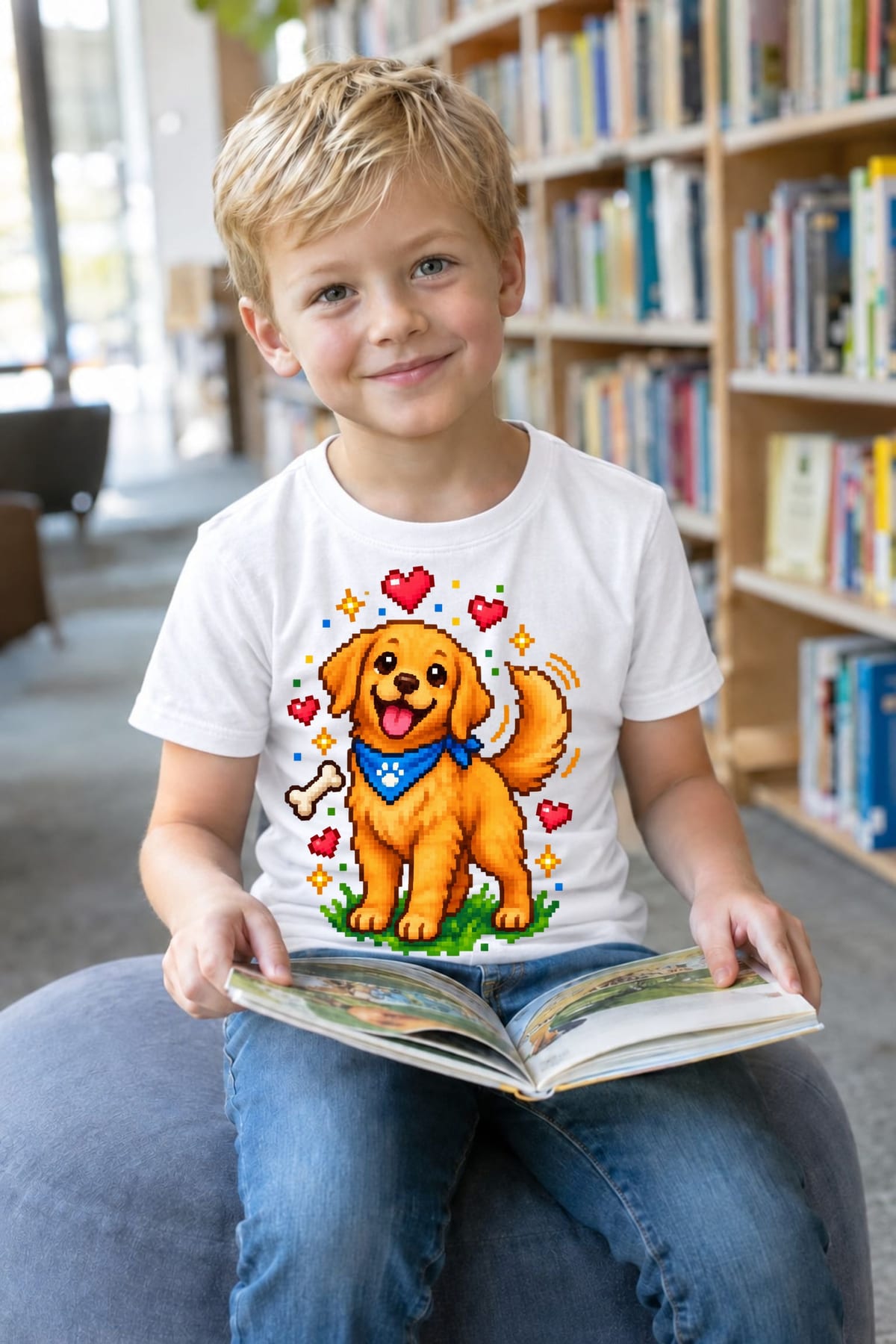 Koszulka dziecięca z golden retrieverem dla chłopca biała pixel art, zdjęcie 7