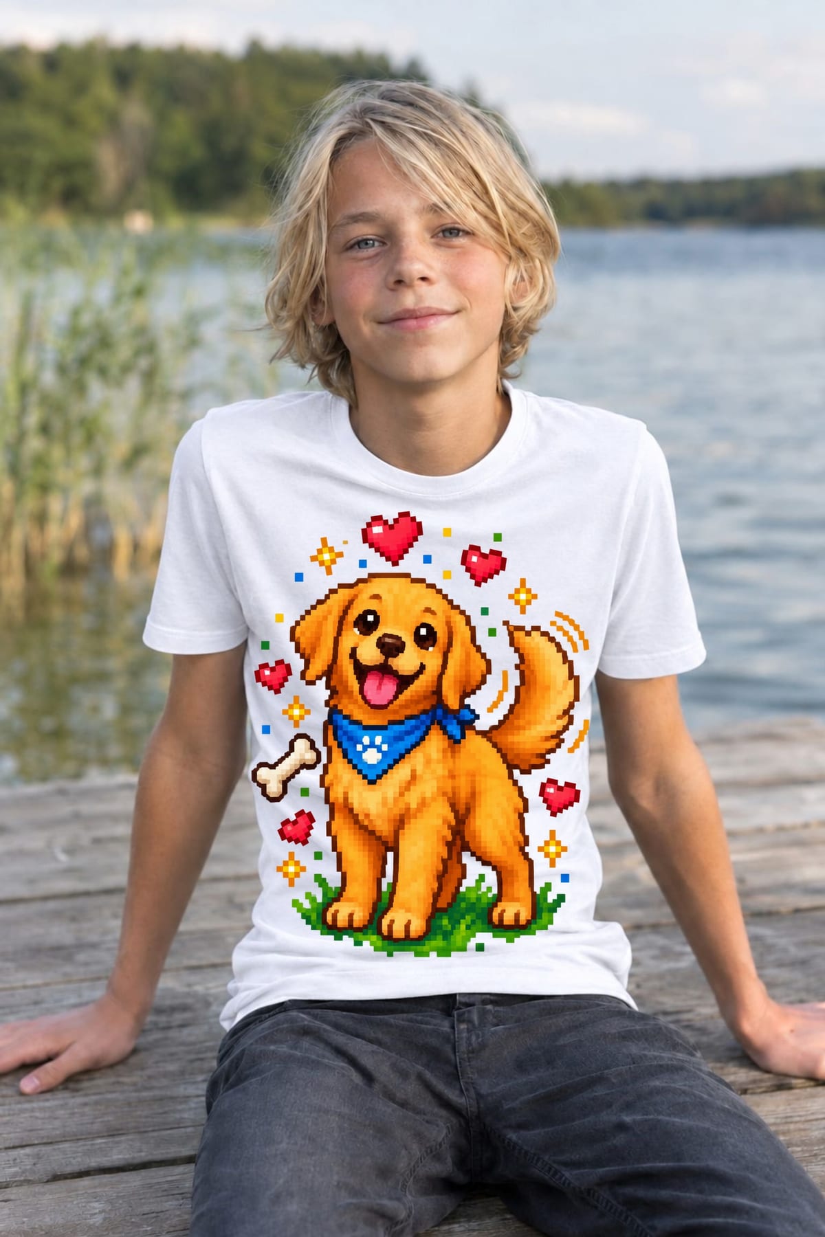 Koszulka dziecięca z golden retrieverem dla chłopca biała pixel art, zdjęcie 8