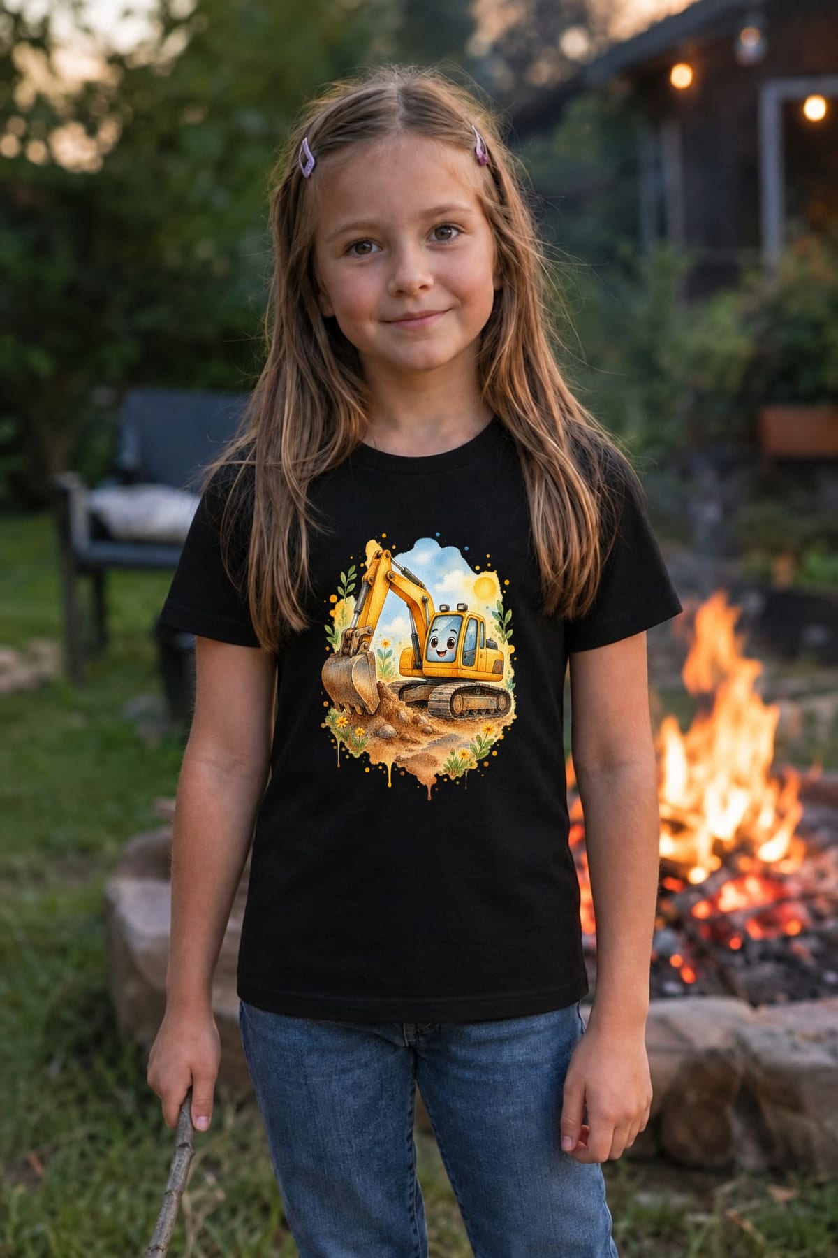 Koszulka z koparką gąsienicową akwarela dla dziewczynki czarna, zdjęcie 8