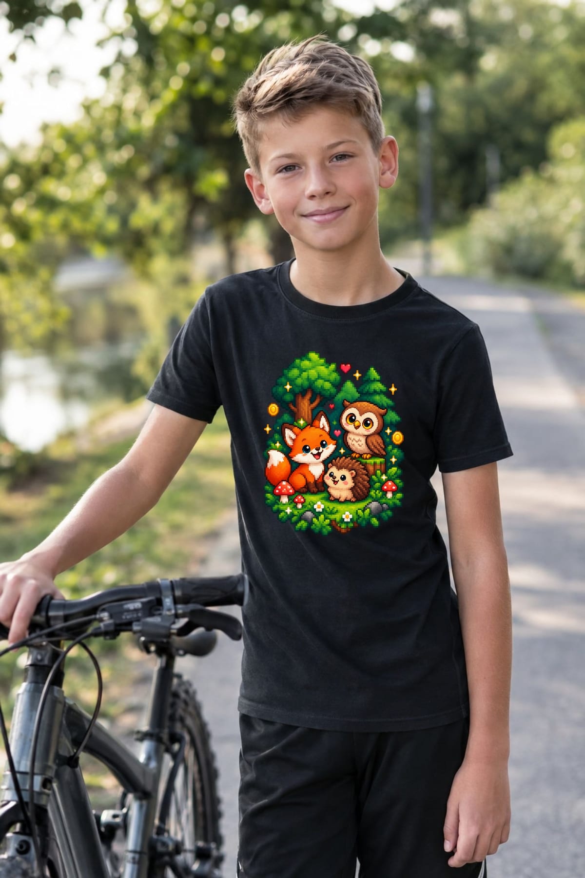 Koszulka z lisem dla chłopca czarna pixel art w lesie, zdjęcie 3