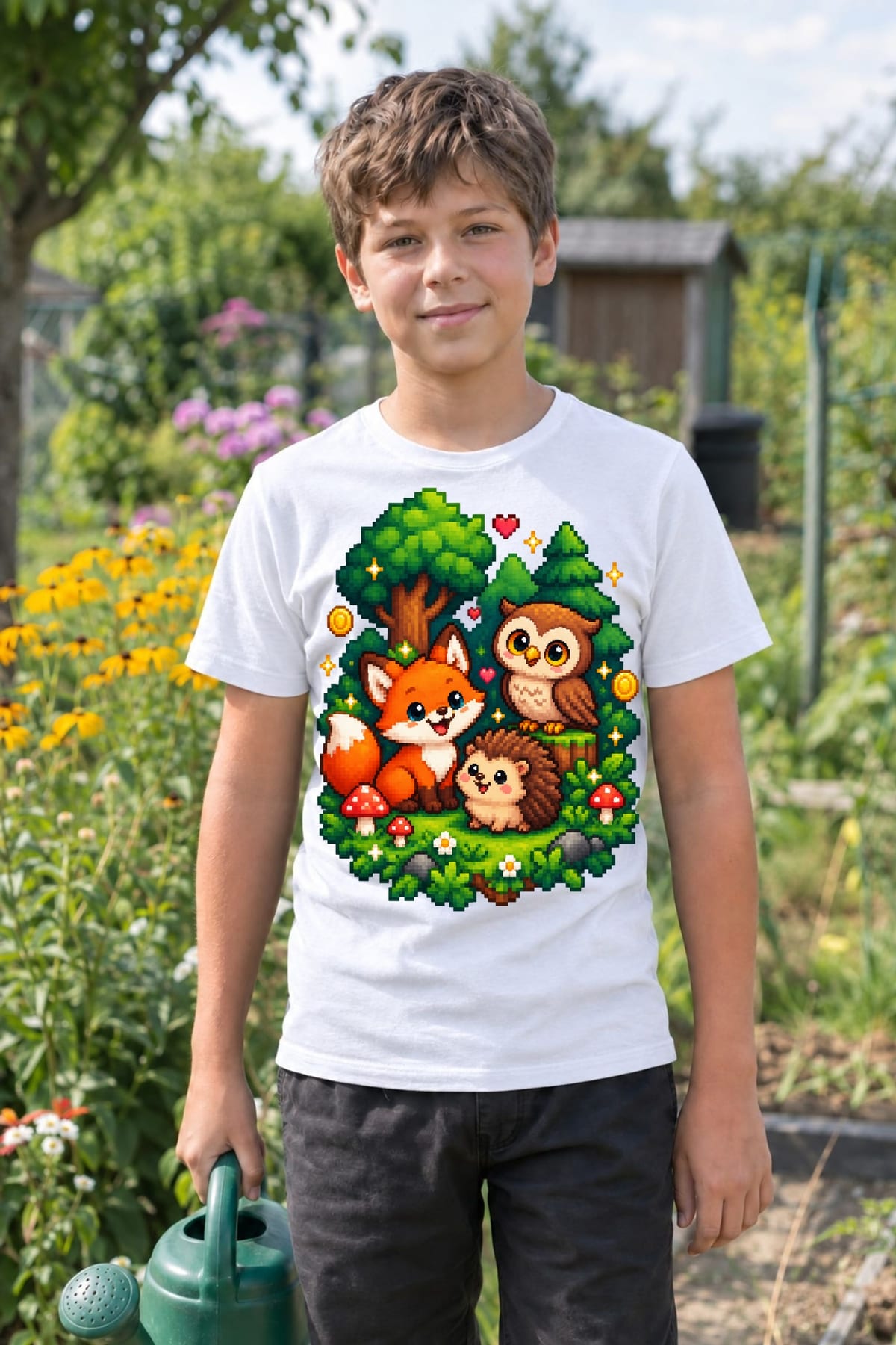Koszulka z lisem dla chłopca biała pixel art w lesie, zdjęcie 3