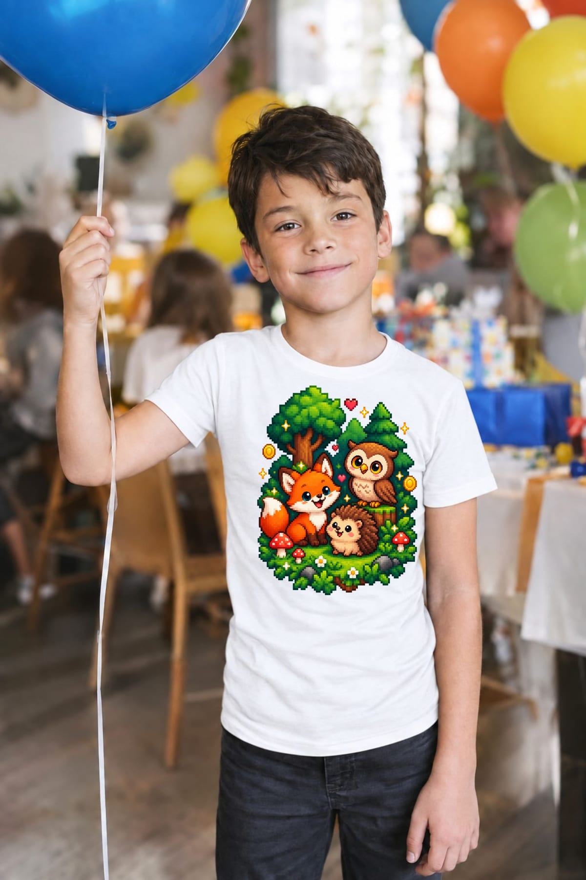 Koszulka z lisem dla chłopca biała pixel art w lesie, zdjęcie 5