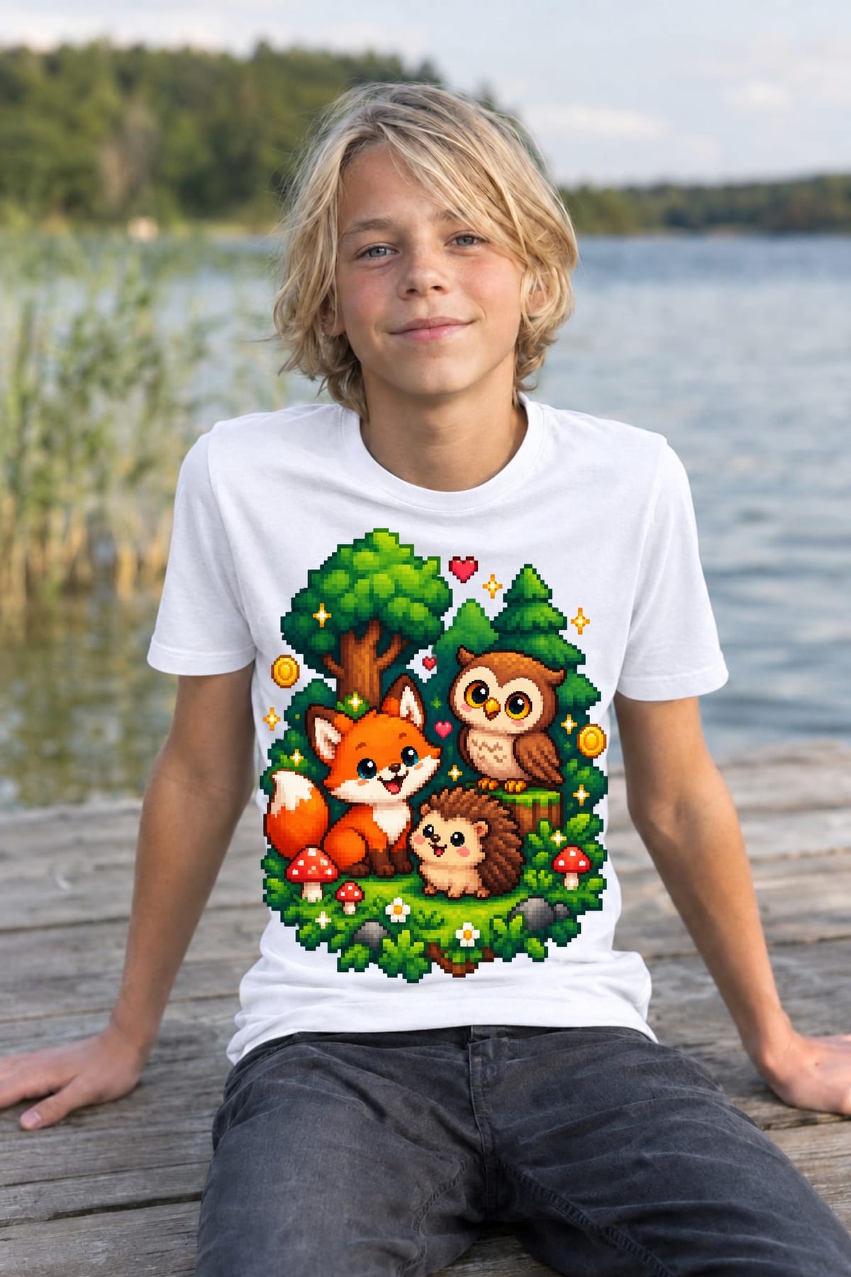 Koszulka z lisem dla chłopca biała pixel art w lesie, zdjęcie 6