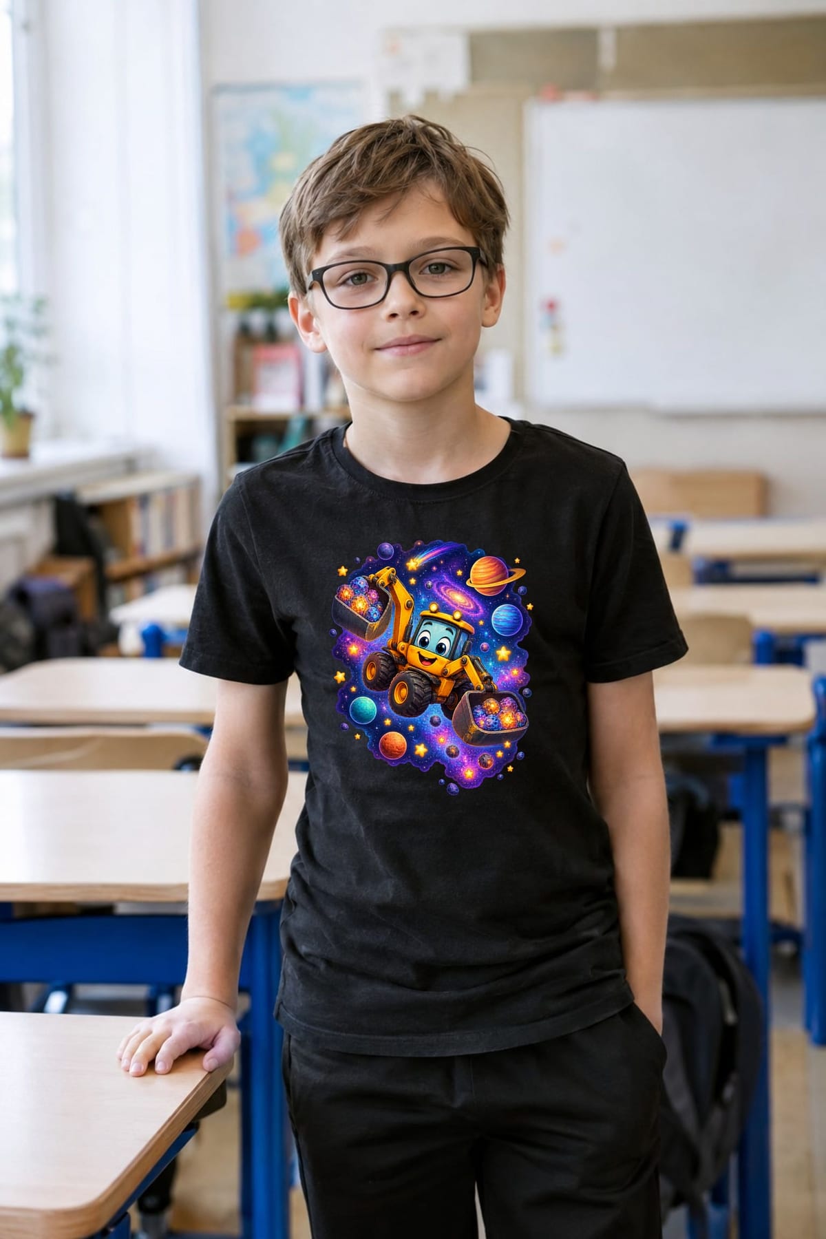 Koszulka z koparką kosmiczną dla chłopca czarna gwiazdy i planety, zdjęcie 8