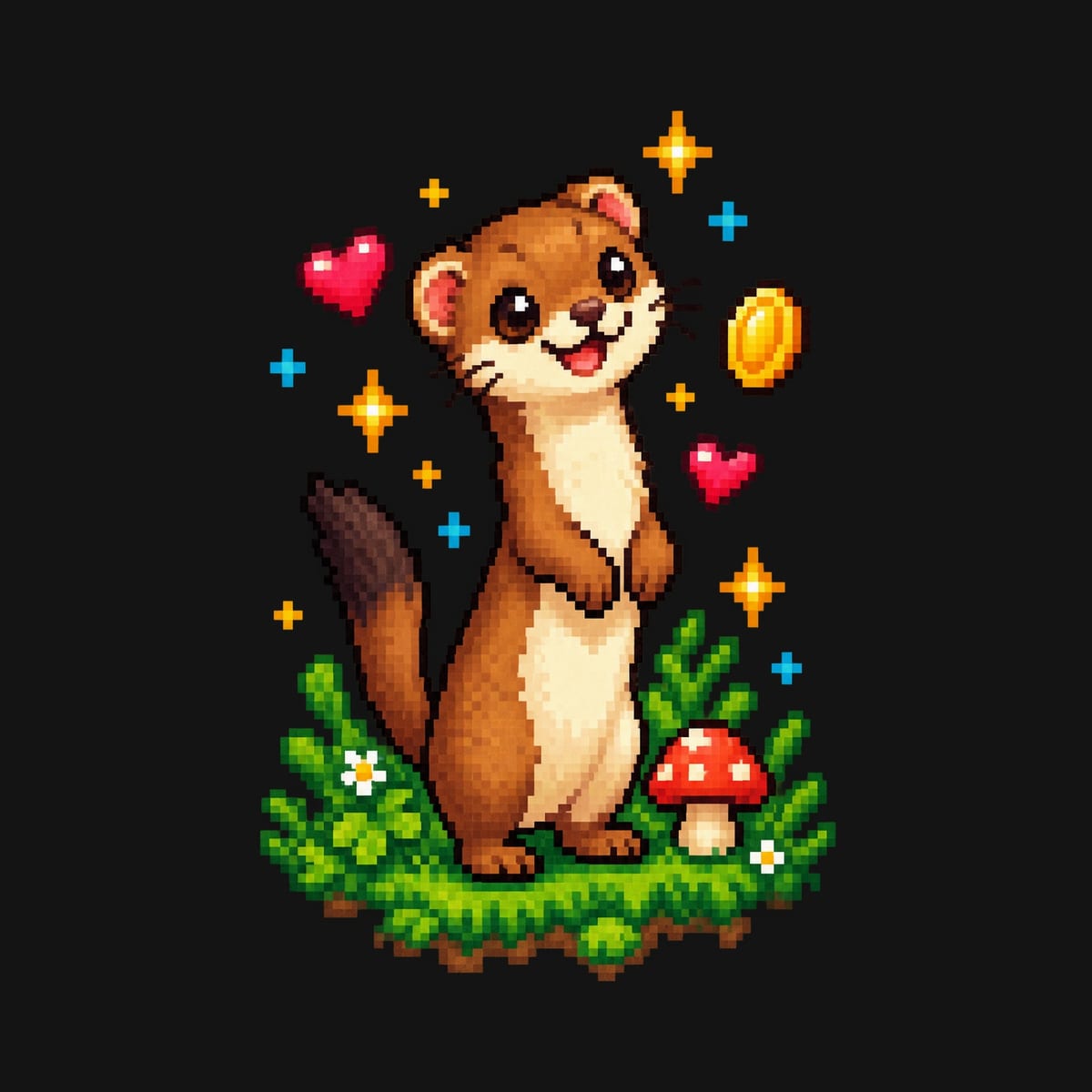 Koszulka z łasicą pixel art dla chłopca czarna w trawie, zdjęcie 2
