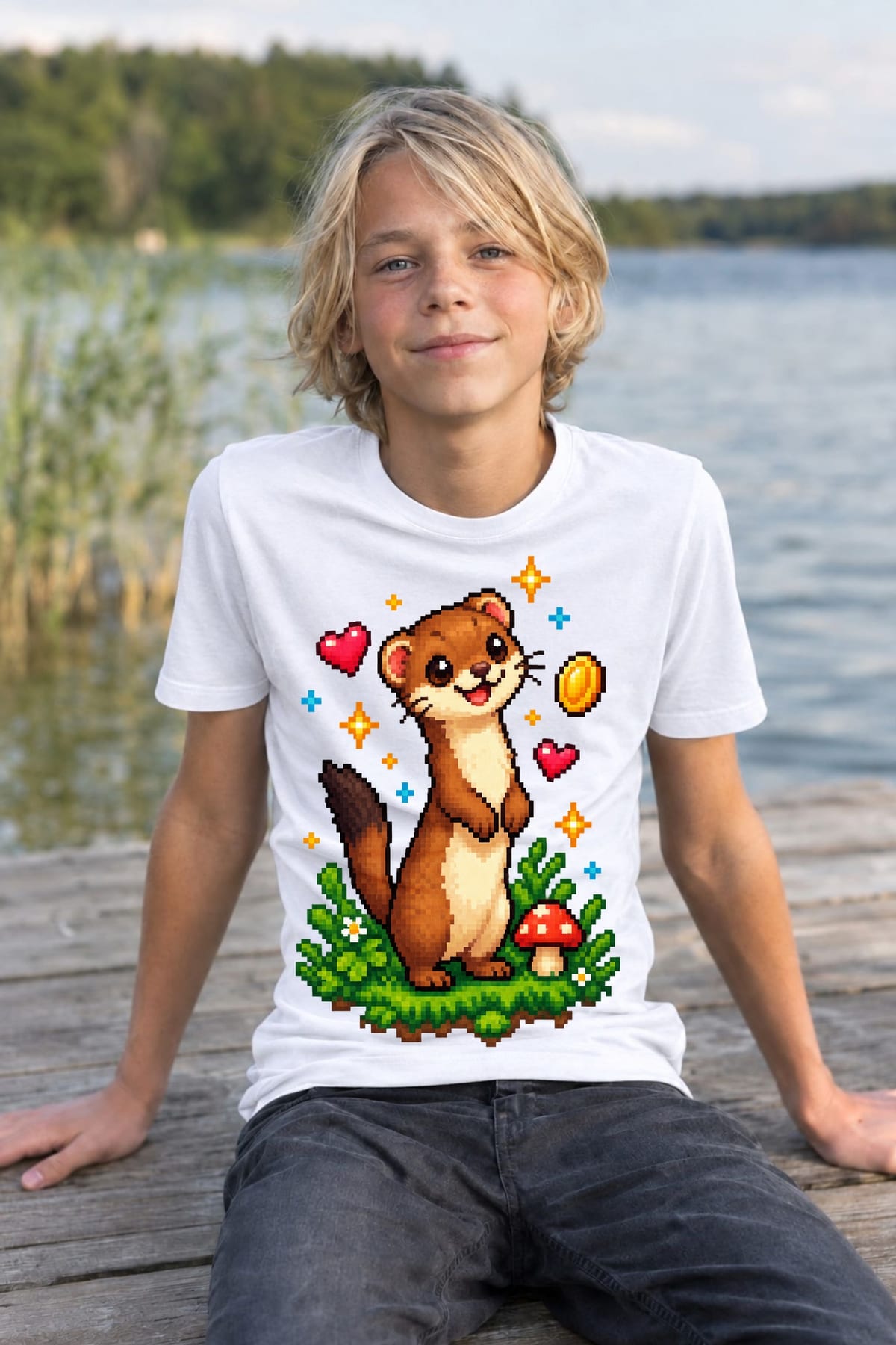 Koszulka z łasicą pixel art dla chłopca biała wśród traw, zdjęcie 5
