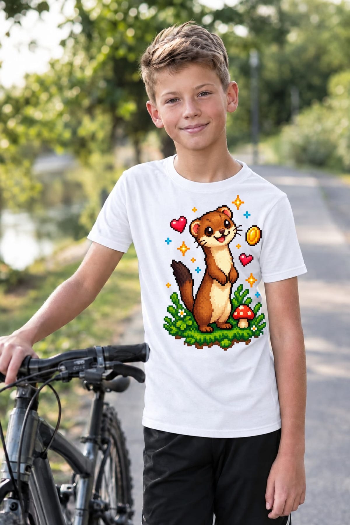 Koszulka z łasicą pixel art dla chłopca biała wśród traw, zdjęcie 6